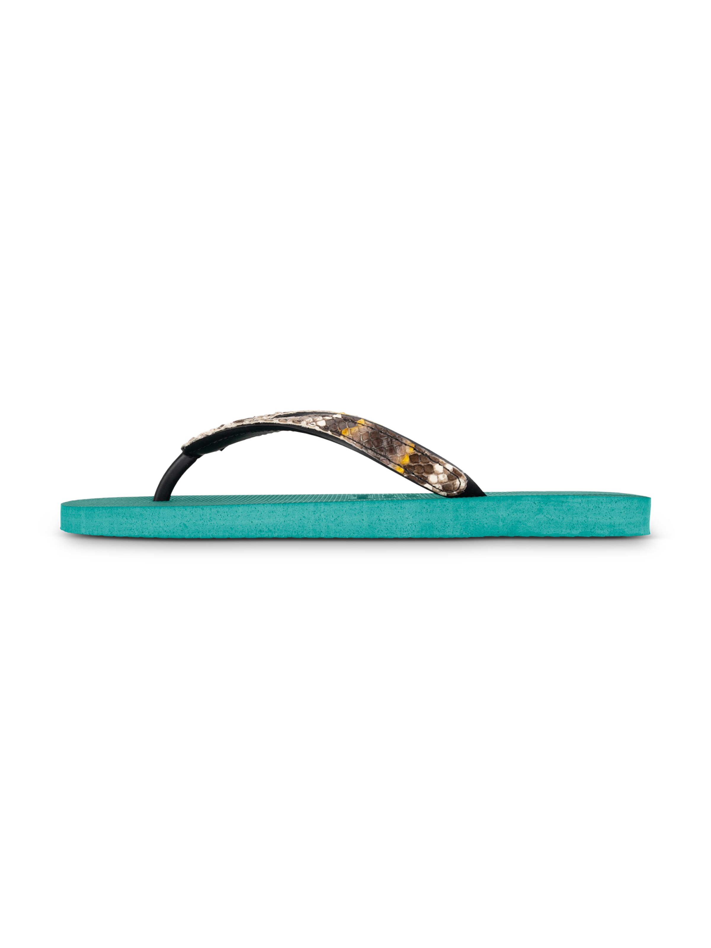 Uzurii Luxury Footwear T-Bar Sandals 'Python' in Green: front