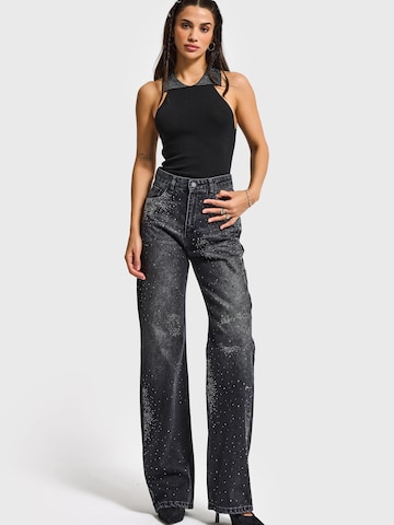 IT'S BASIC Regular Jeans 'RHINESTONE STRAIGHT MID RISE JEANS' in Zwart