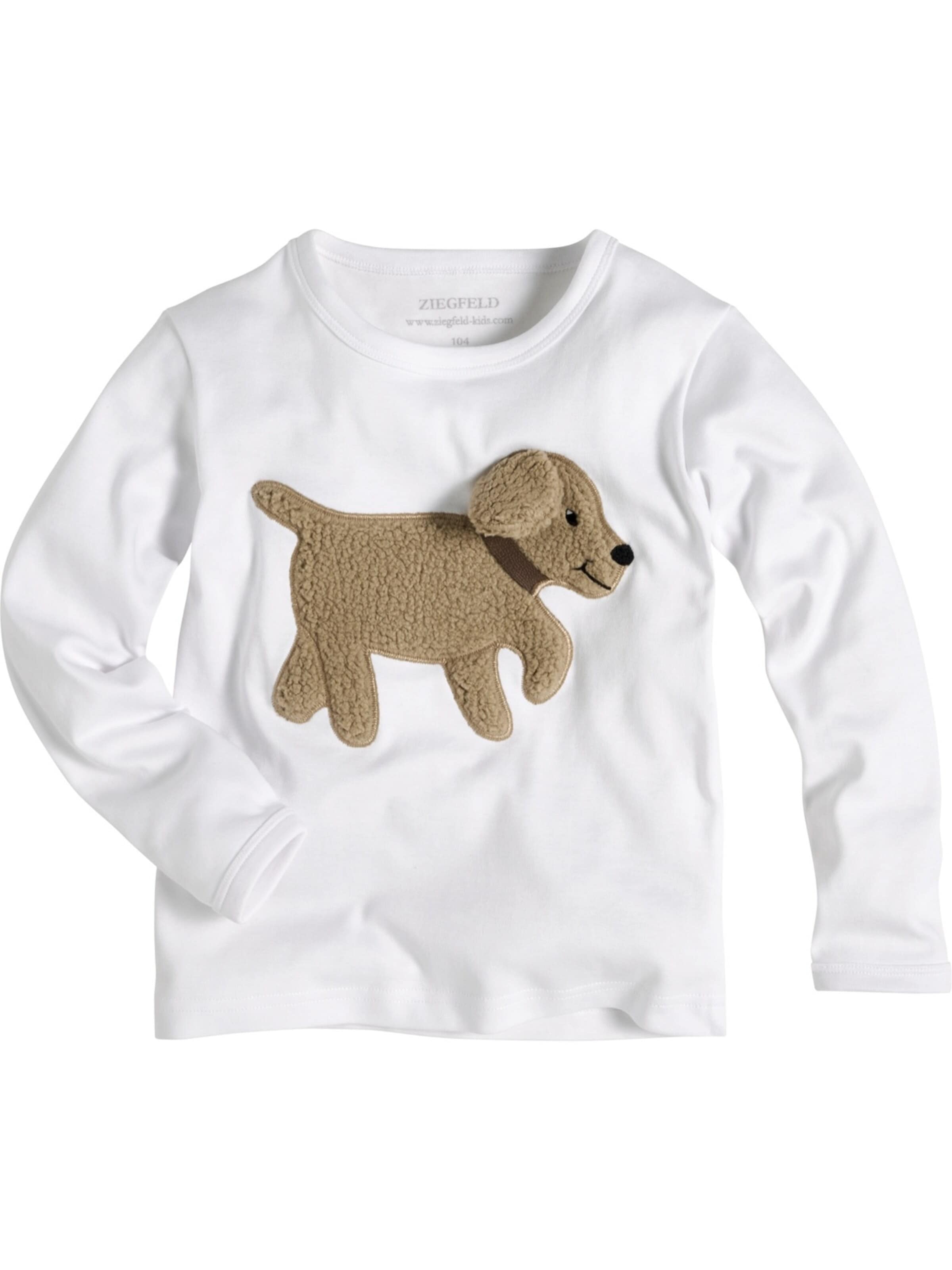 ZIEGFELD Kids Shirt 'Hund BOBBY weiss Pulli Shirt Langarm, mit Teddyfell Applikation und Geheimtasche im Ohr' in White: front
