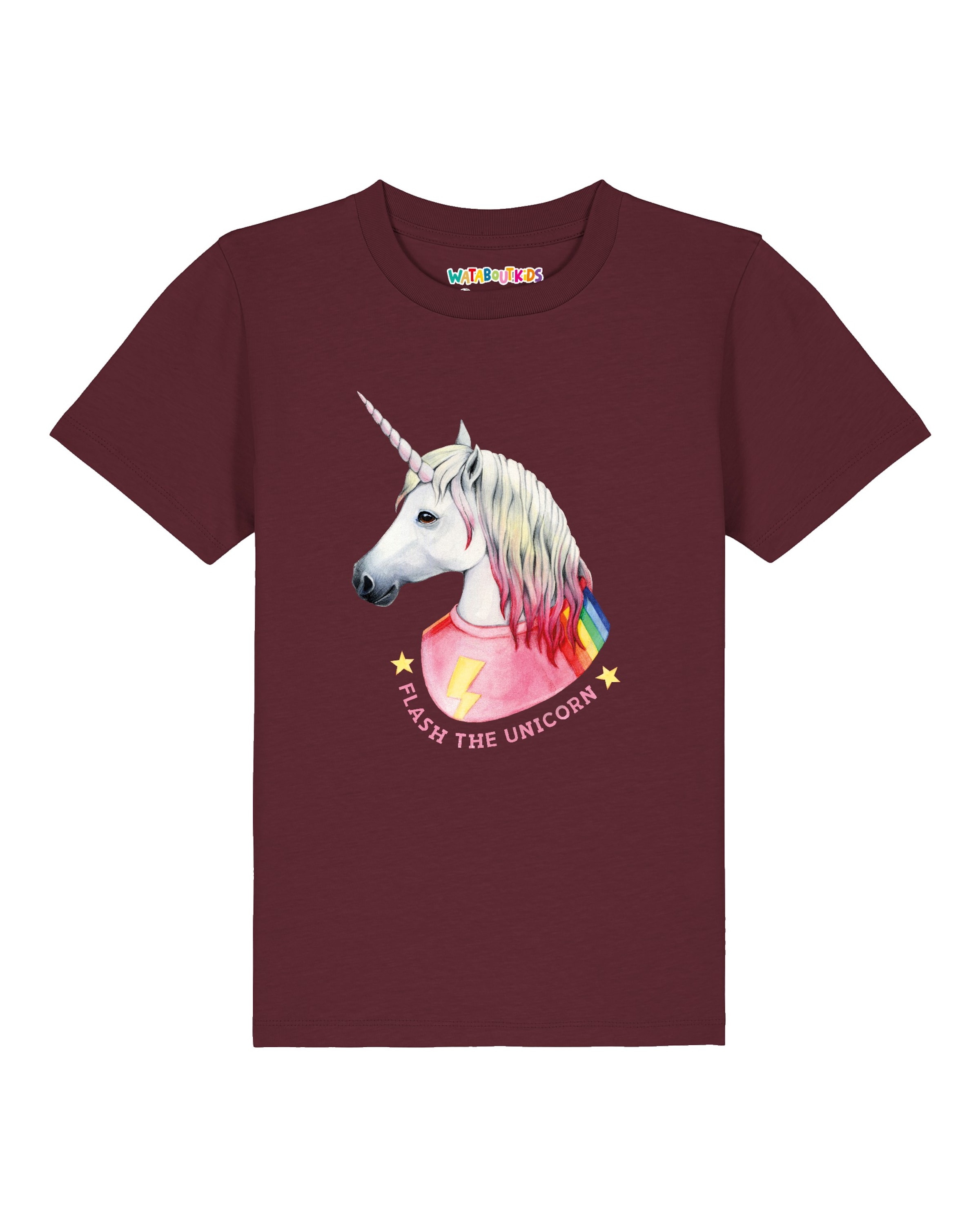 Maglietta 'Flash the unicorn' di watabout.kids in rosso: frontale