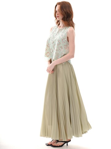 yoligex Top 'Mint Green Geometric Floral Beaded Sequin Mesh Sleeveless Top, Round Neck Irregular Pointed Hem Sheer Vest' w kolorze zielony