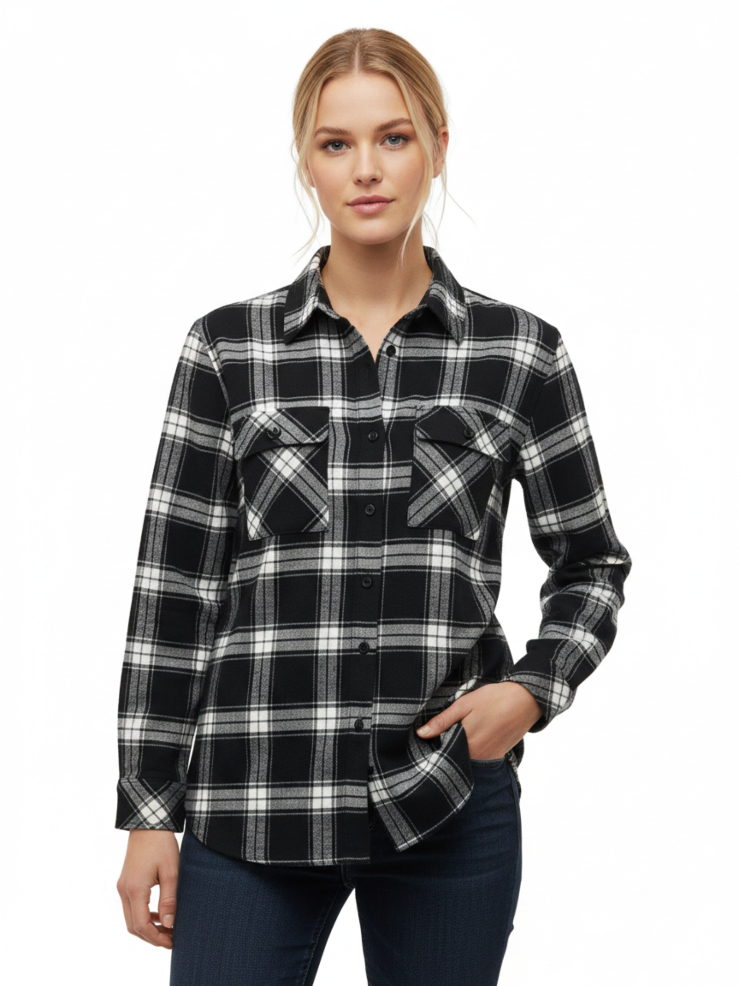 Radwa Bluse 'Radwa Women’s Plaid Flannel' i sort