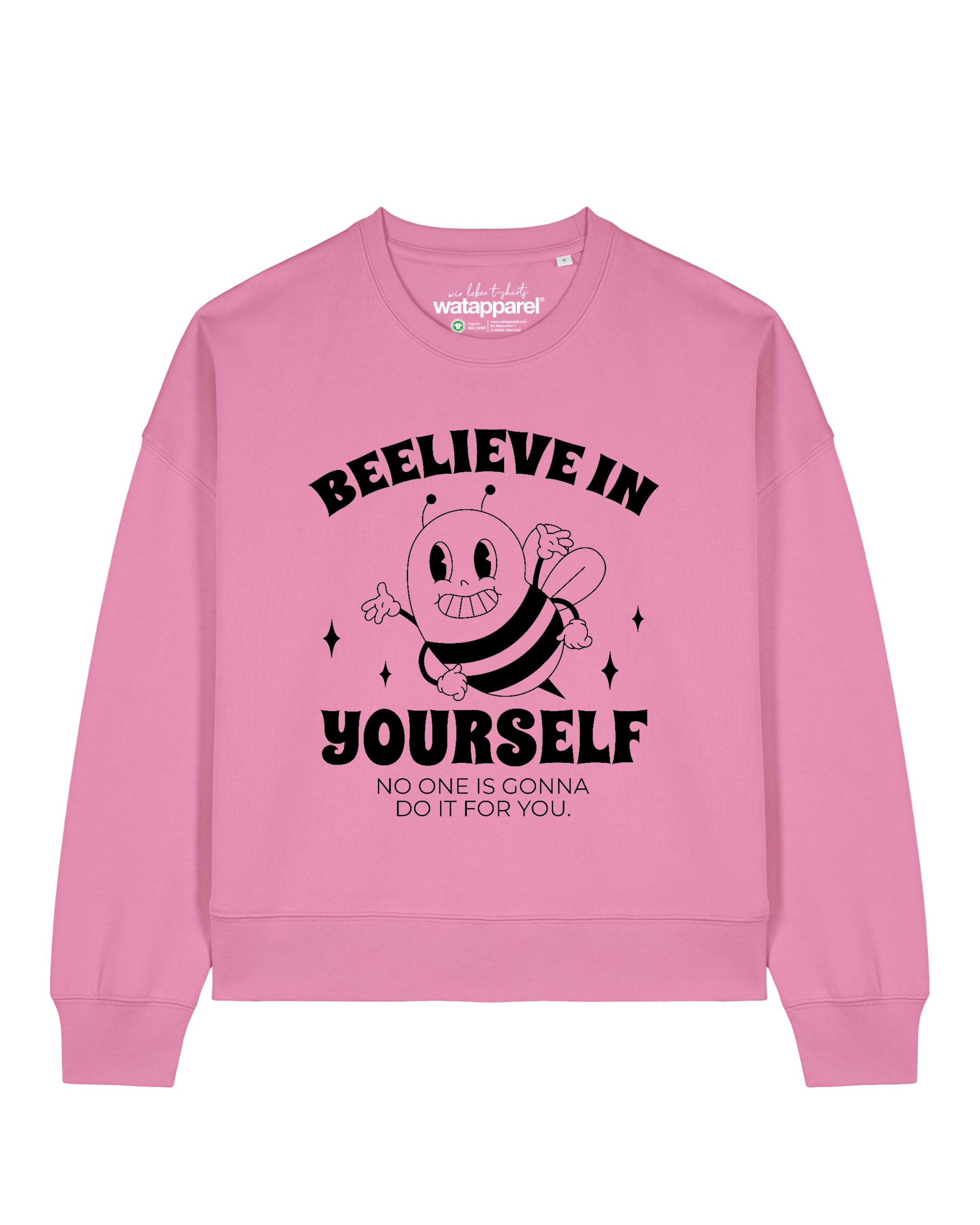 Watapparel Sweatshirt 'Beelieve in yourself' in Roze: voorkant