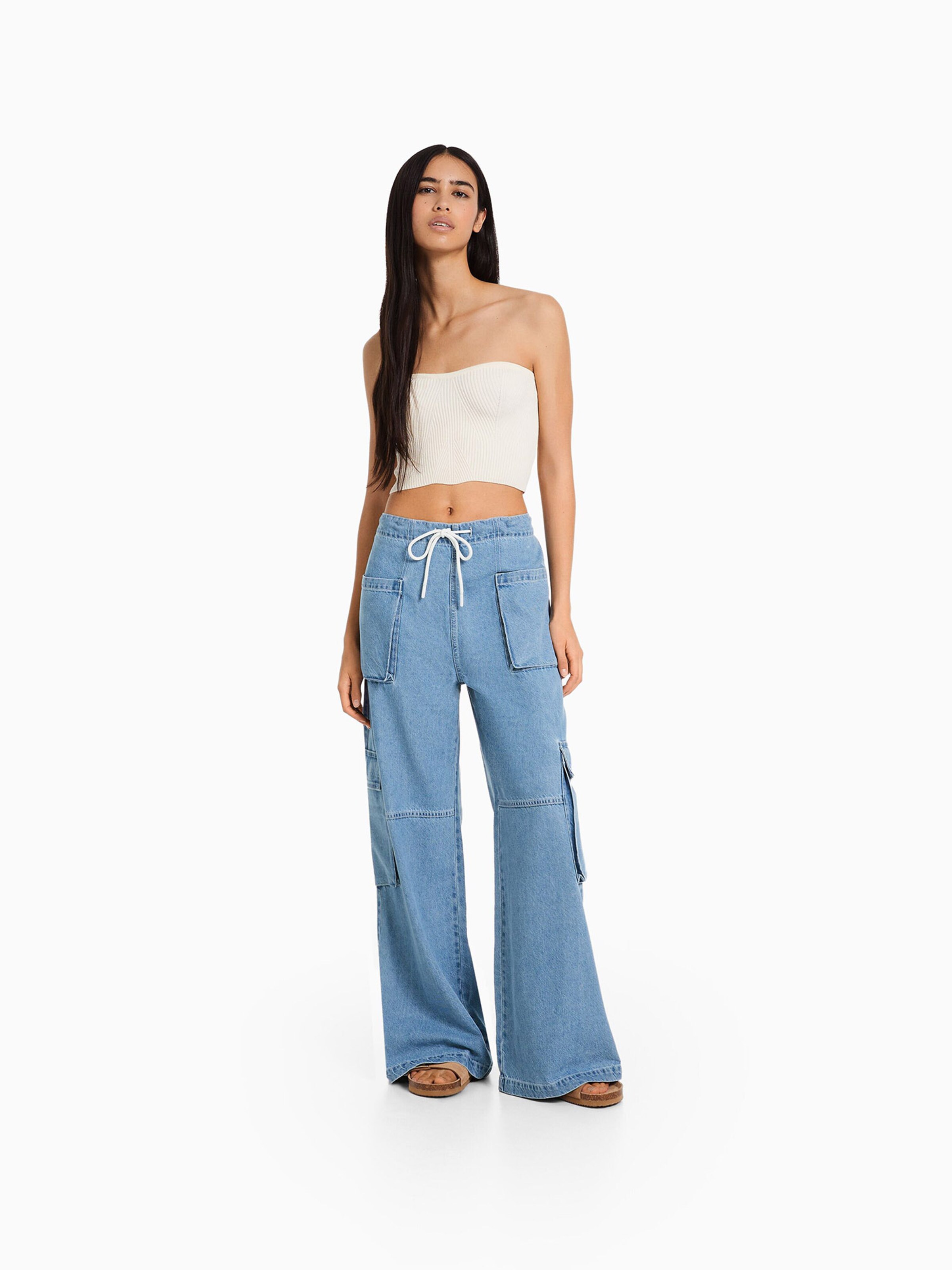 Bershka Wide leg Cargo jeans in Blue Denim ABOUT YOU