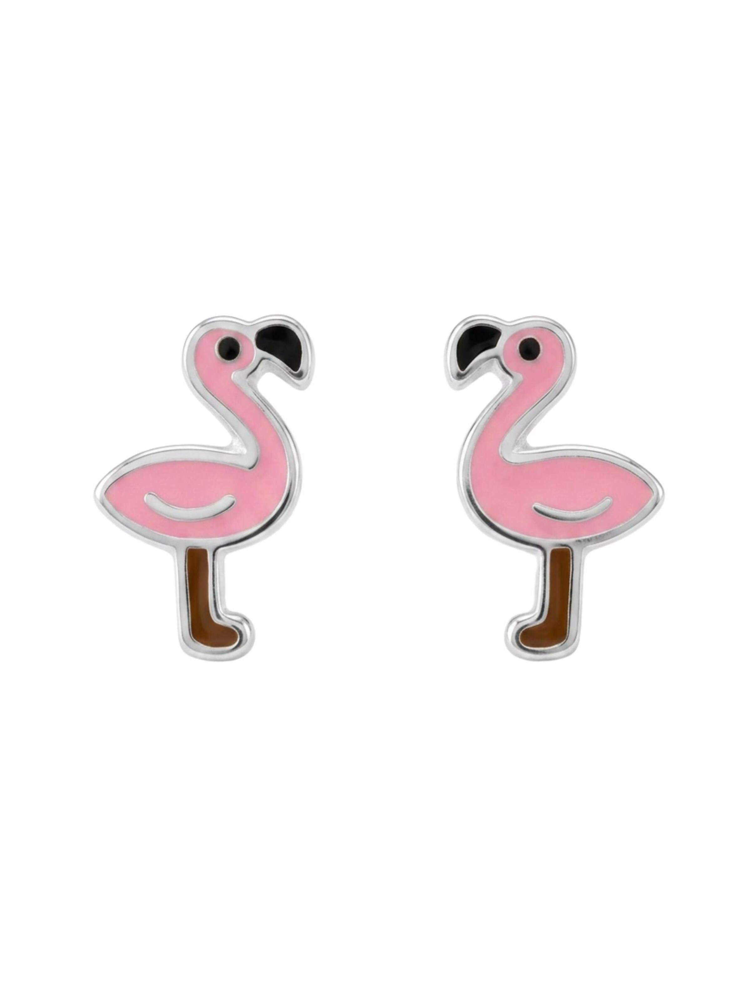 Bijou 'Childrens Silver Flamingo Ear Studs With Epoxy' Maxte en rose