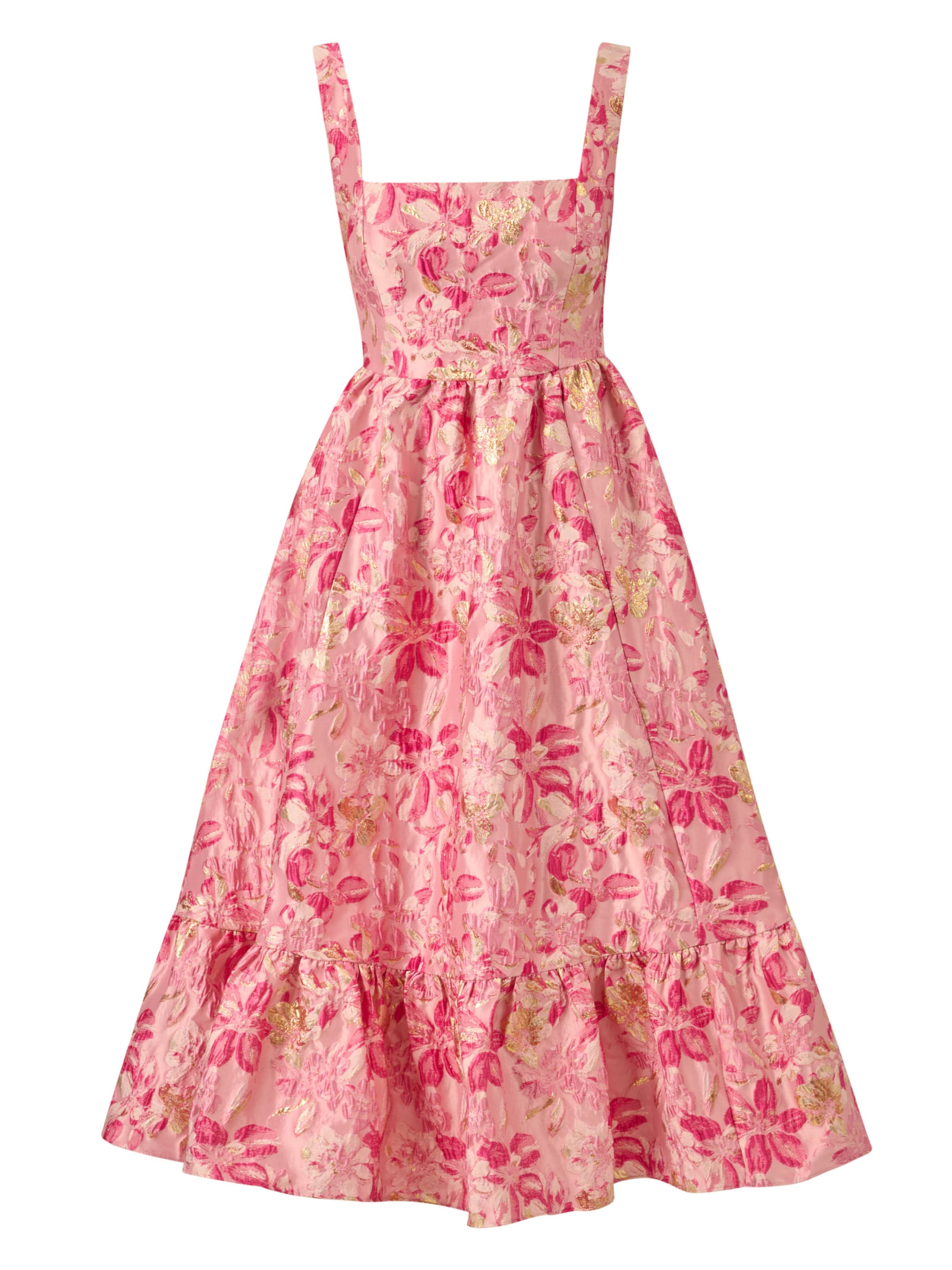 Adrianna Papell Avondjurk 'Jacquard Flounce Midi Dress' in Roze: voorkant