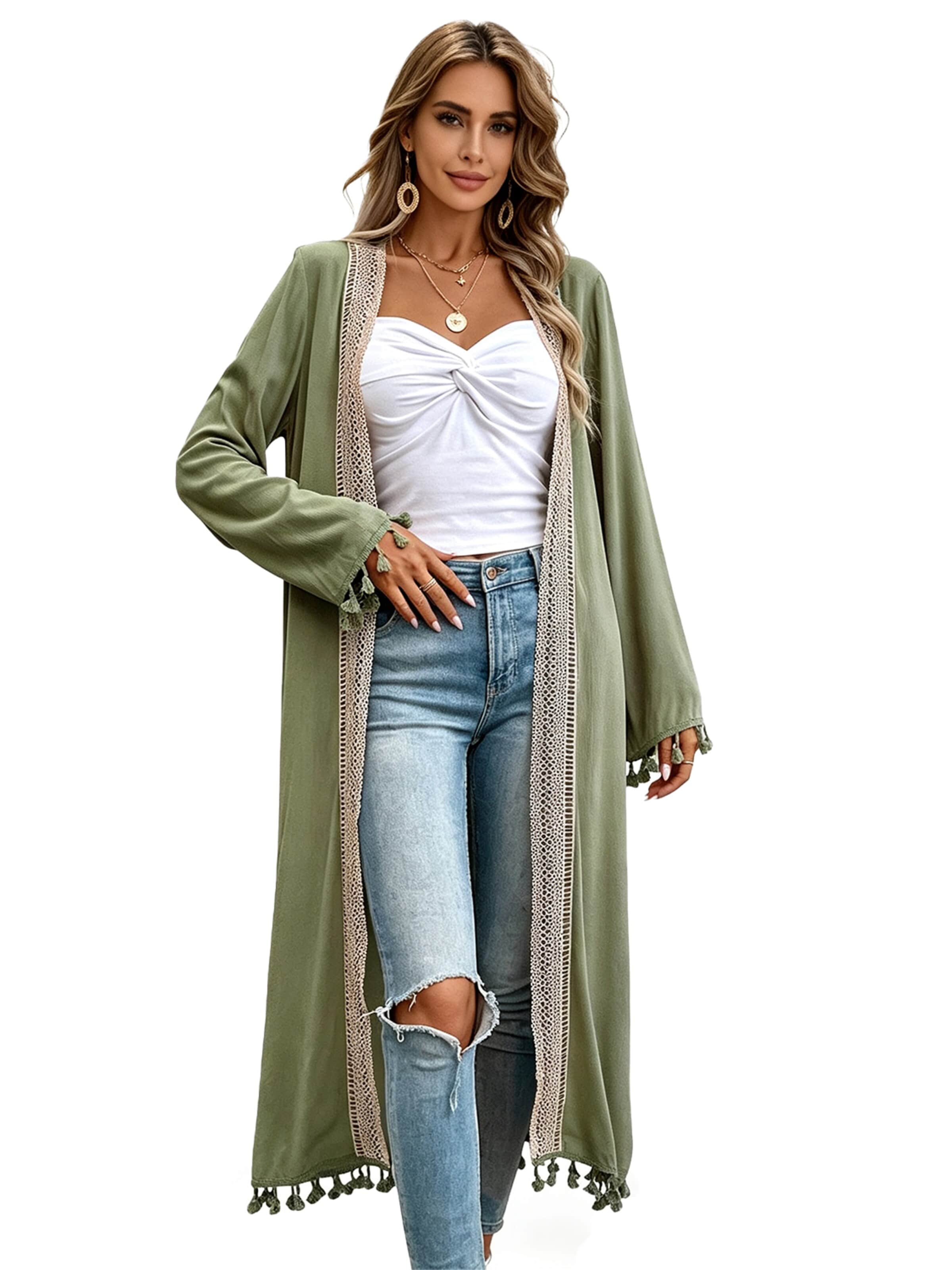 KoJooin Kardigan oversize 'Damen Langarm Cardigan in Unifarben mit Fransen Spitzenbesatz Langer,Lässiger Oversize Strickmantel' w kolorze zielony