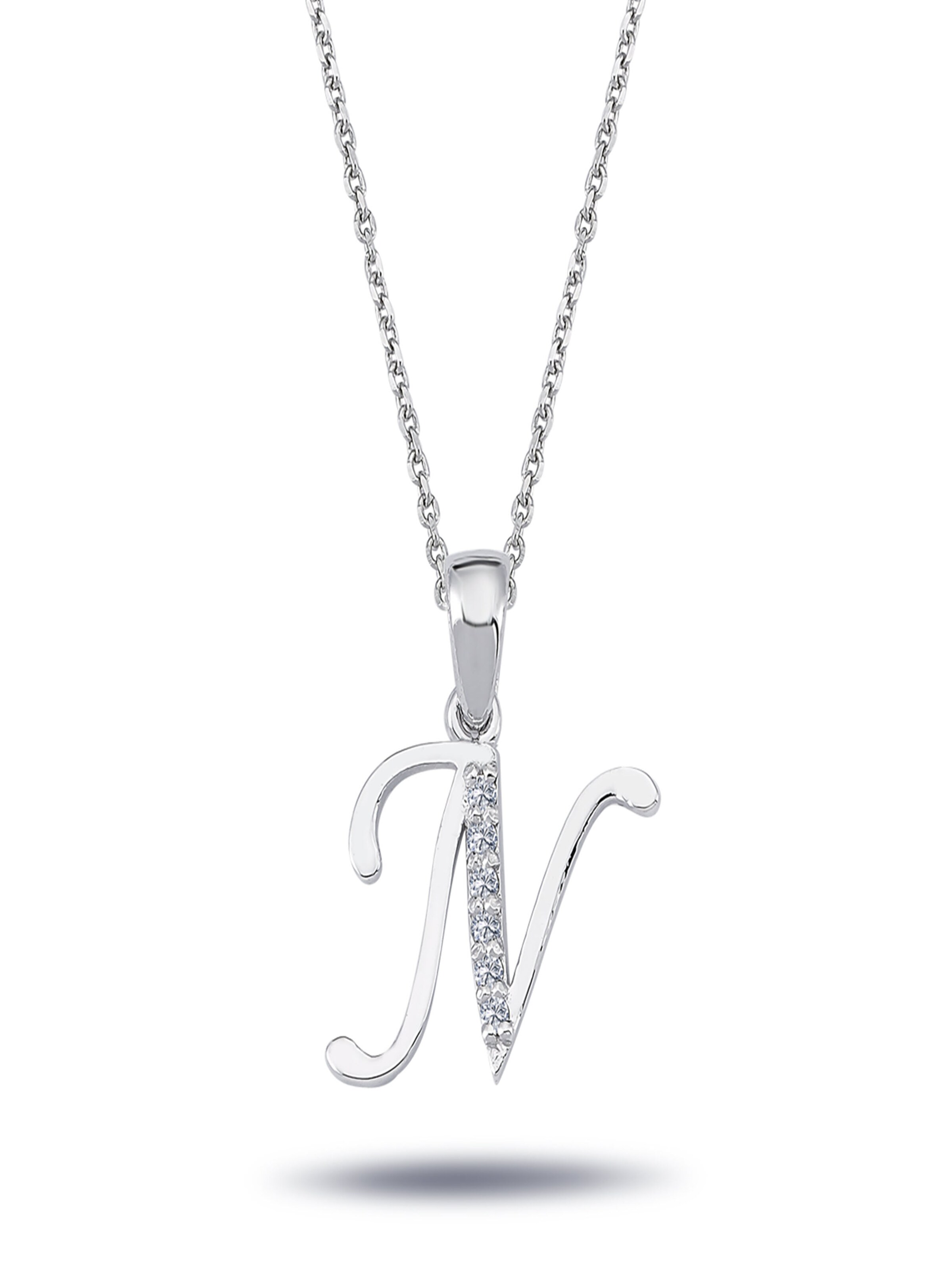 EinStein Diamant Pendant 'Buchstaben Halskette mit Diamanten - N in 14 Karat Weißgold' in White: front