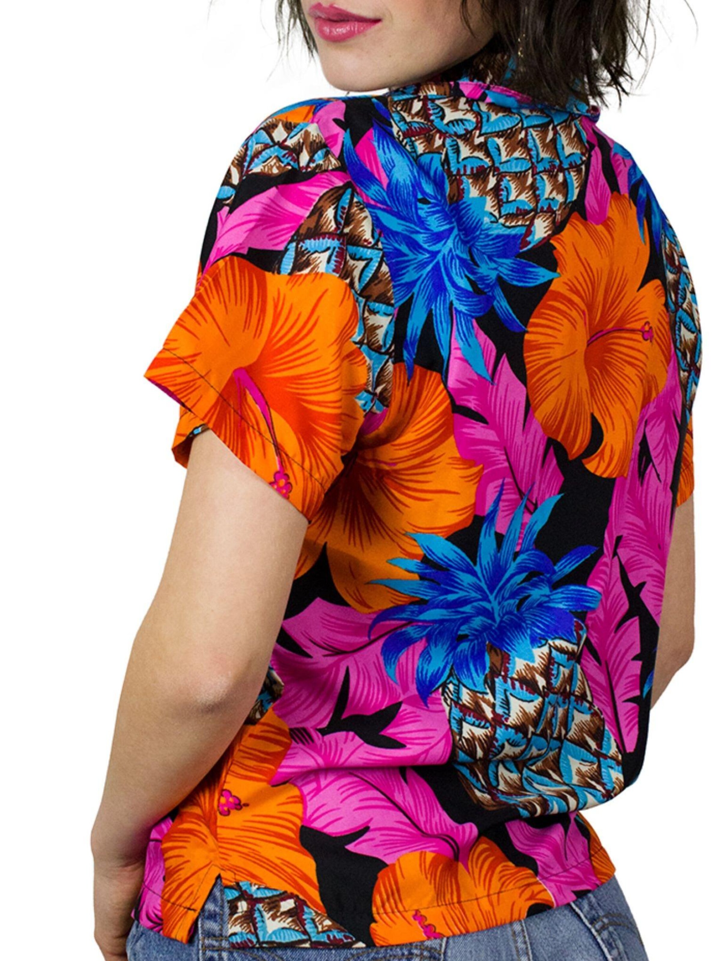 King Kameha Bluse 'Pineapple Hibiscus Black Line'‌‌‌‌ in Pink