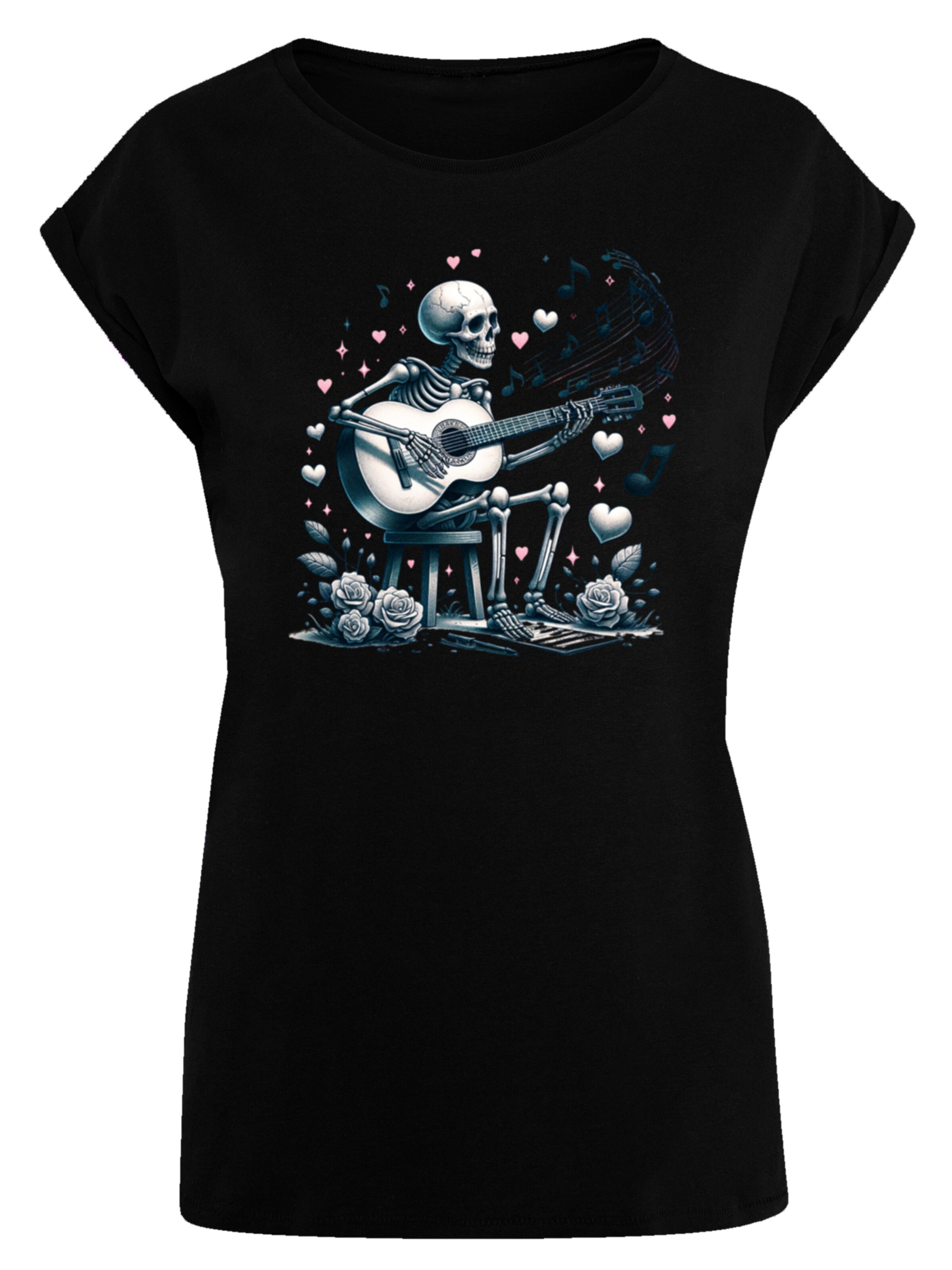 F4NT4STIC Shirt 'Skelett spielt Gitarre, Musik, Liebe' in Zwart: voorkant