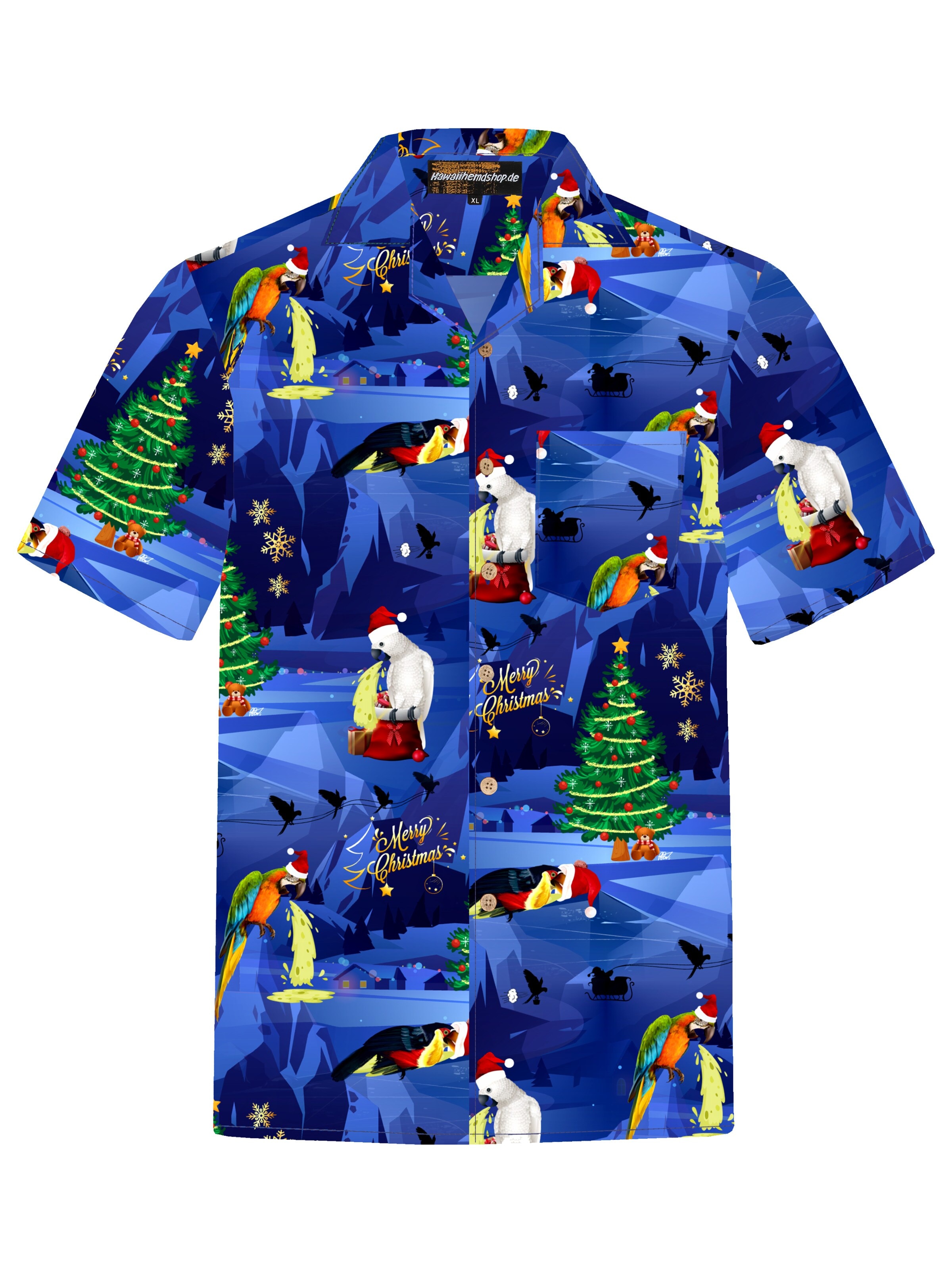 Hawaiihemdshop.de Regularny krój Koszula 'Hawaiihemd Christmas Parrots' w kolorze niebieski: przód