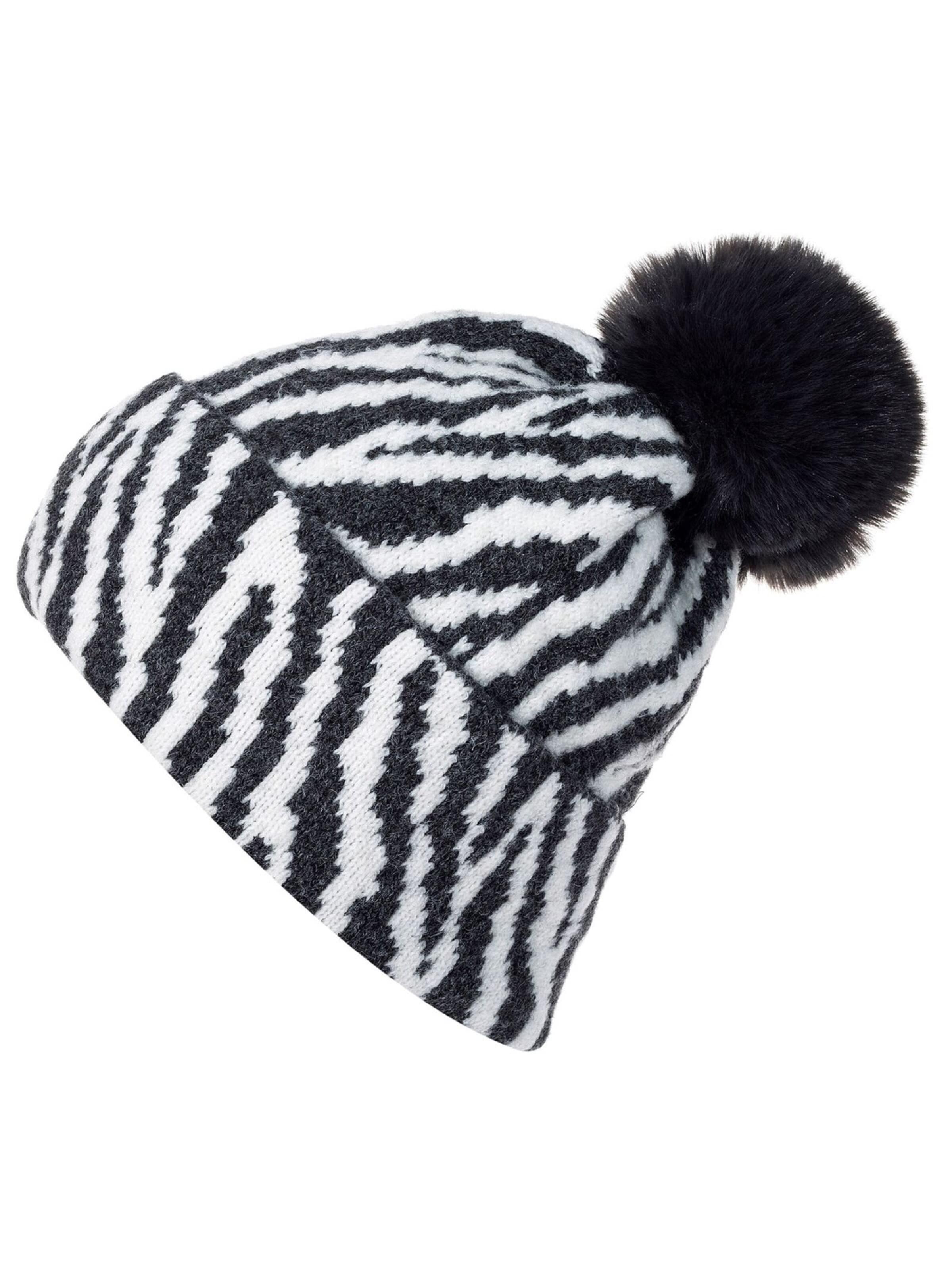 styleBREAKER Mütze 'Strick Bommelmütze mit Zebra Muster'‌‌‌‌‌‌‌‌ in Grau: Vorderseite