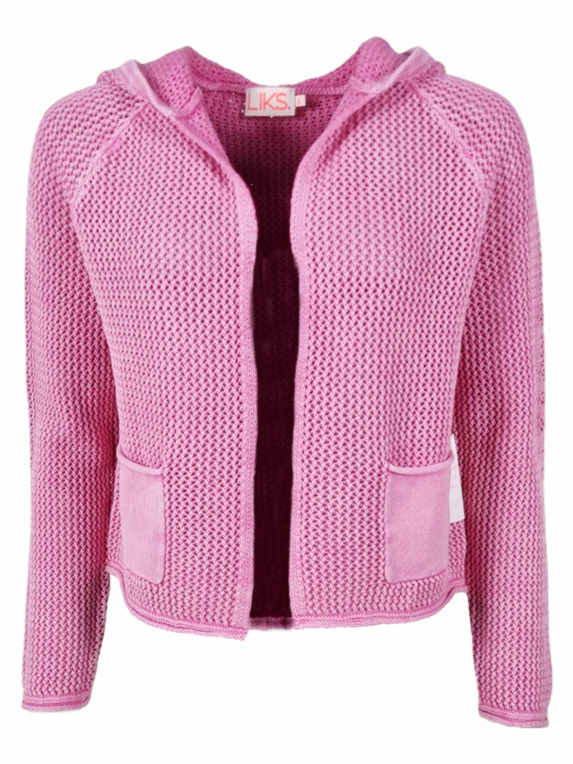 LIKS. Munich Gebreid vest 'Strickjacke offen mit Kapuze - BlancaC' in Roze: voorkant