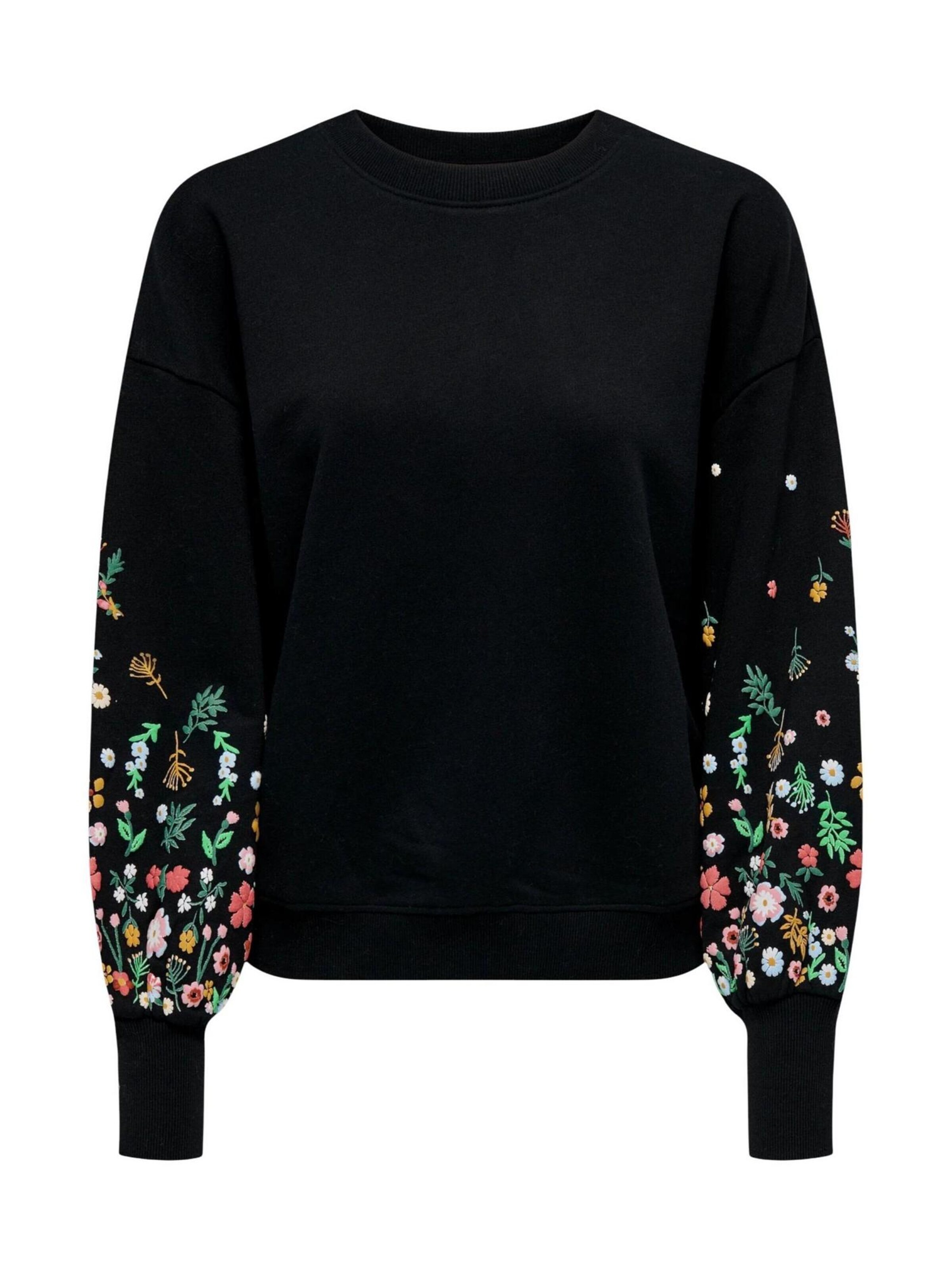 Felpa 'ONLBROOKE L/S O-NECK FLOWER SWT NOOS 15216364' di ONLY in nero: frontale