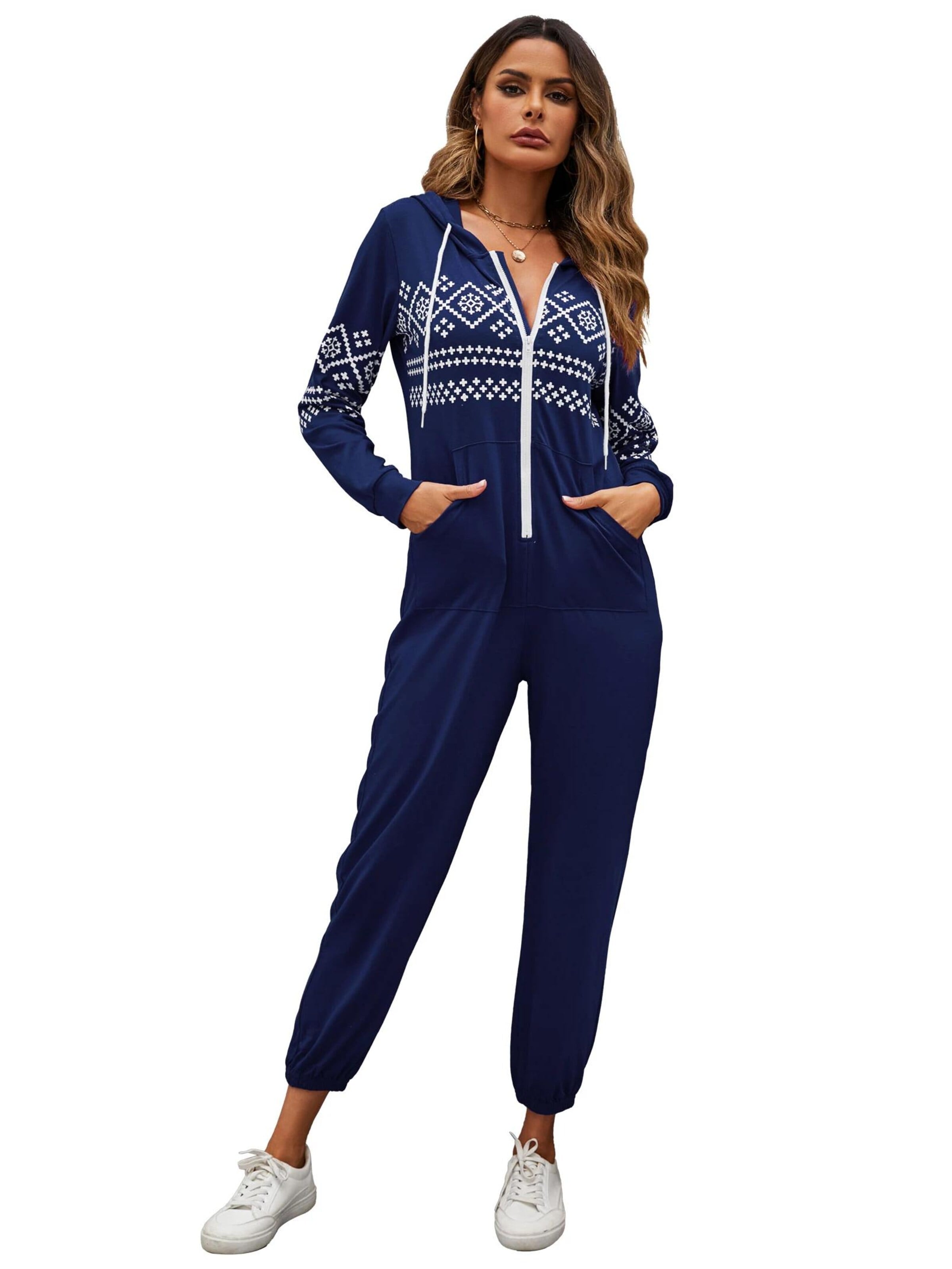 KoJooin Kombinezon 'Damen Overall mit Print, Kapuze, Kordelzug, langen Ärmeln und Taschen Bequemer Freizeit Jumpsuit' w kolorze niebieski