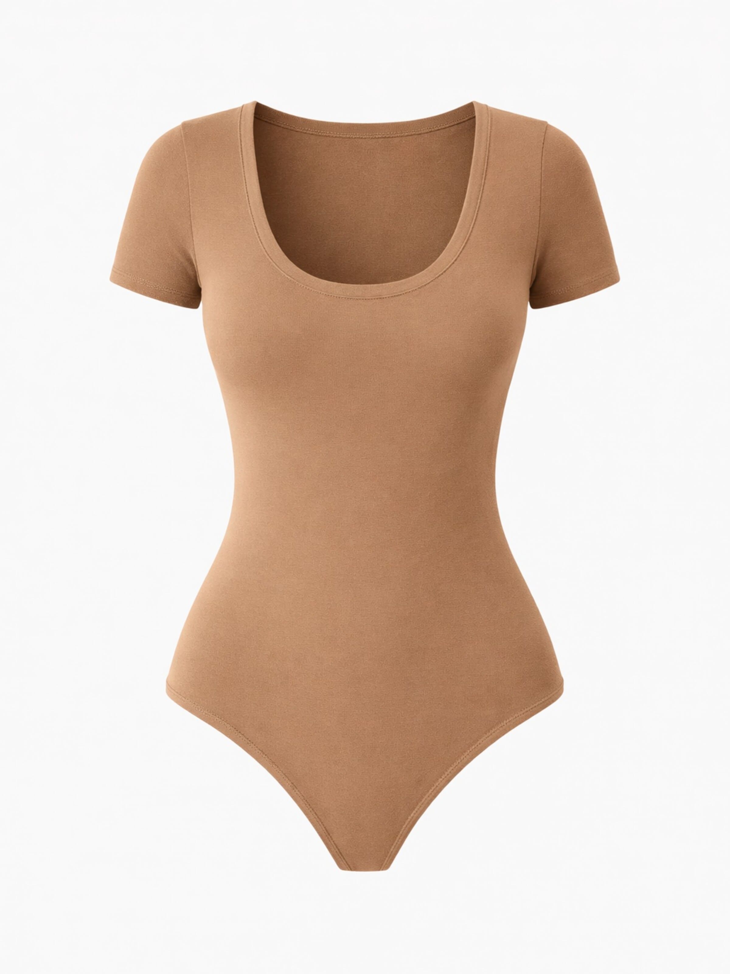Body 'Leafletic Women’s Short Sleeve U-Neck Bodysuit' di LEAFLETIC in marrone: frontale