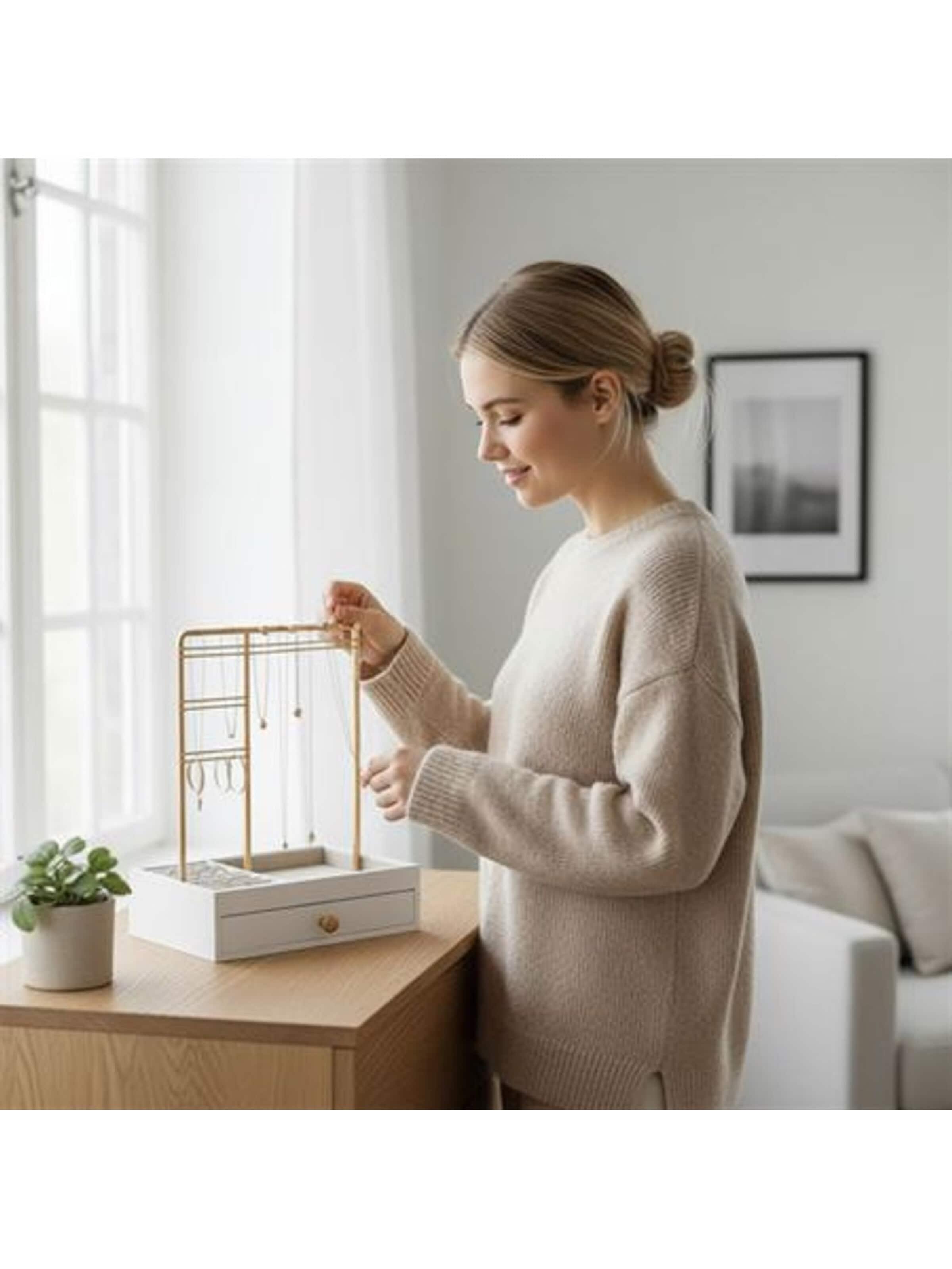 Boîte à bijoux 'UNIQ Smykkestativ / Smykkeskrin i Guld med Skuffe - Holder til øreringe, ringe & kæder (29 cm)' UNIQ Beauty en or