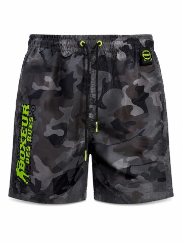 Boxeur des Rues Boardshorts 'Men's Swim Shorts Boxeur des Rues, Grey Camo, Neon Green Logo'‌‌‌‌‌‌‌ in Grau: Vorderseite