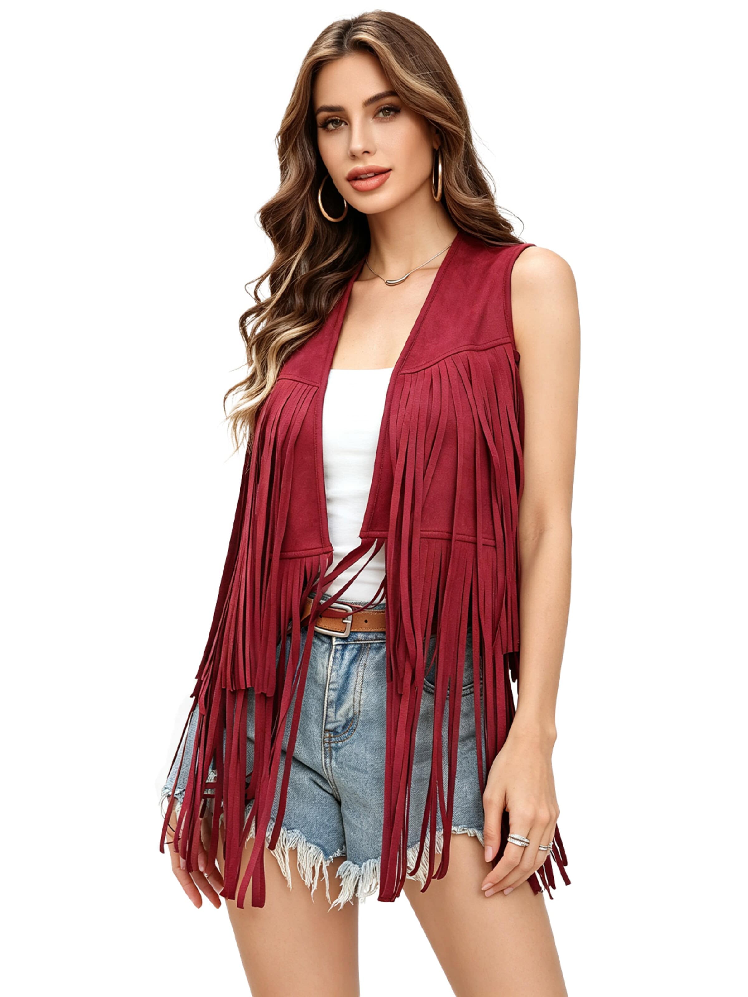 KoJooin Kamizelka 'Jacke Damen Fransenweste im 70er Hippie-Stil aus Wildlederimitat mit Nieten Ärmellose Vintage-Style Jacke' w kolorze czerwony
