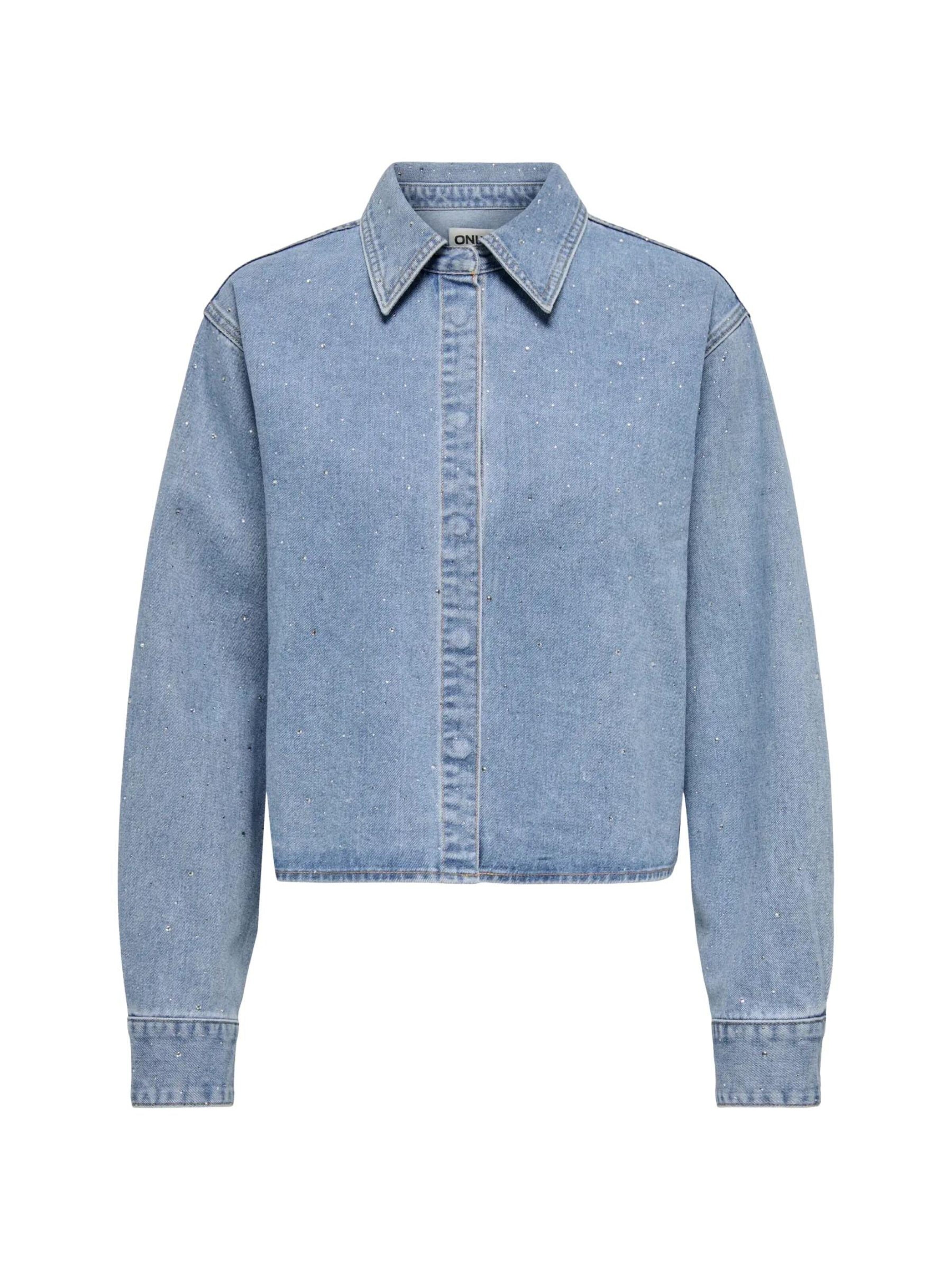 ONLY Koszulka 'ONLY ONLMAGGIEMAY L/S RHINEST DNM SHIRT CAMICIA JEANS' w kolorze niebieski: przód