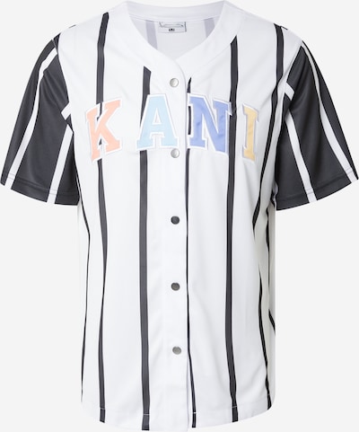 Marškiniai 'Serif' iš Karl Kani, spalva – šviesiai mėlyna / pastelinė oranžinė / juoda / balta, Prekių apžvalga