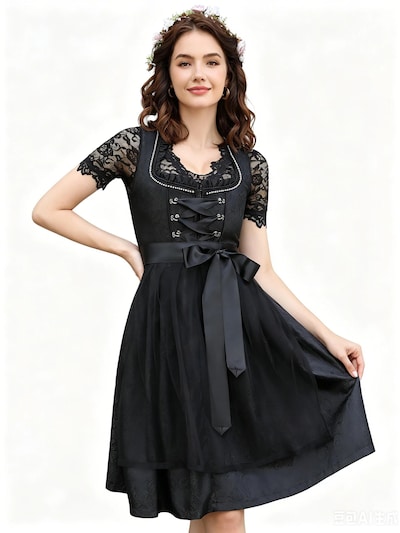 KoJooin Dirndl 'Damen 3‑teiliges Set: Schwarzes Jacquard‑Dirndl schwarzes Spitzenoberteil mit Trägerkleid Schürze' in 48 in Black, Item view