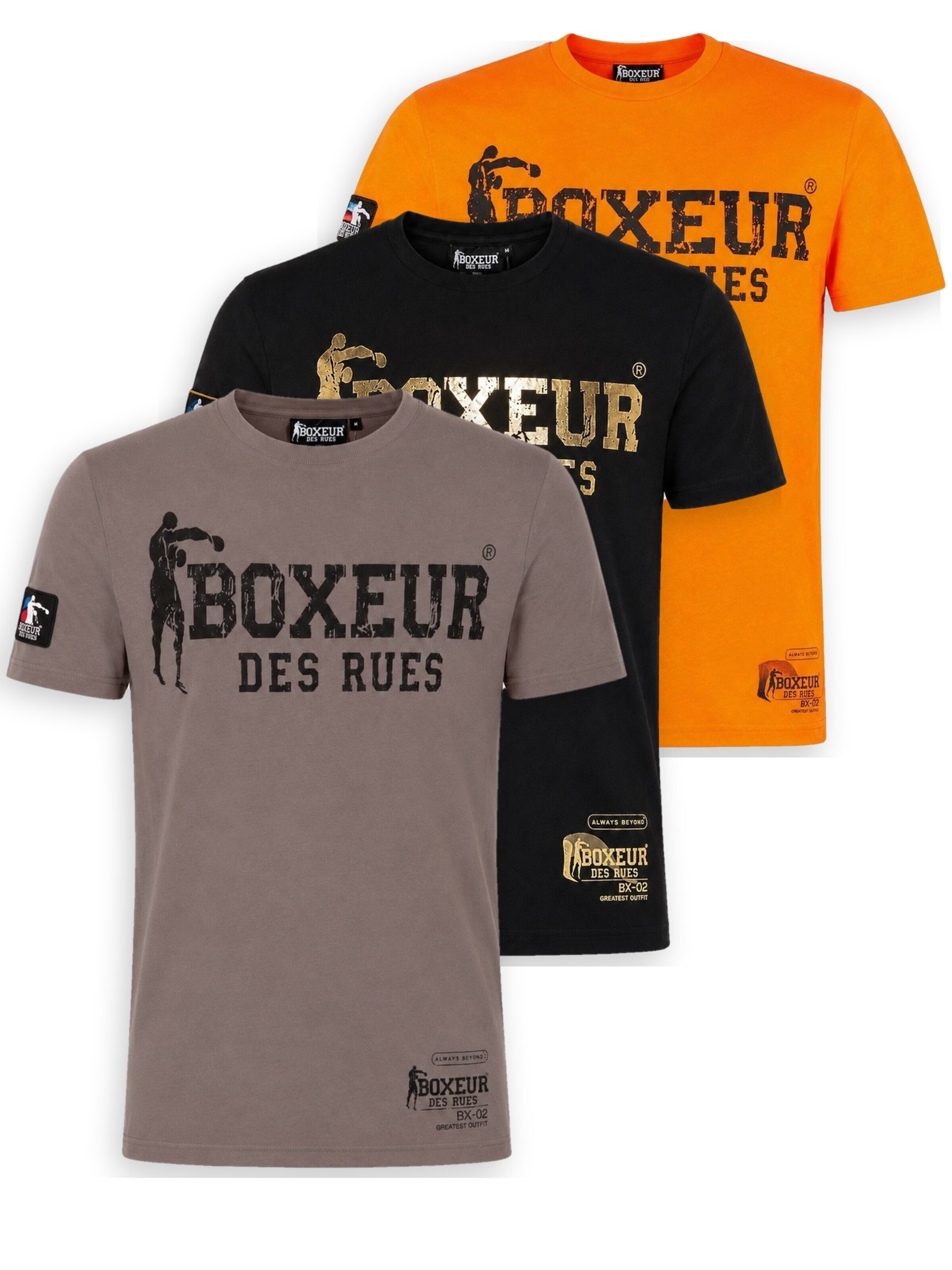 Boxeur des Rues Shirt 'Herren T-Shirt 3er-Pack Boxeur des Rues Slim Fit: Taupe-Grau + Schwarz, Goldenes Logo + Orange, Schwarzes Logo'‌‌‌‌ in XXL/Regular in mischfarben, Produktansicht