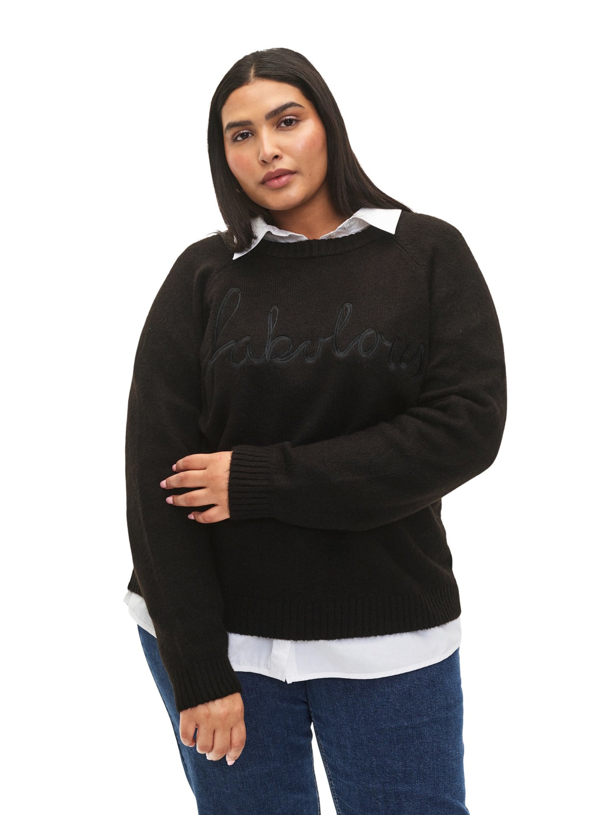 Zizzi Pullover 'MFABULOUS' in Schwarz: Vorderseite