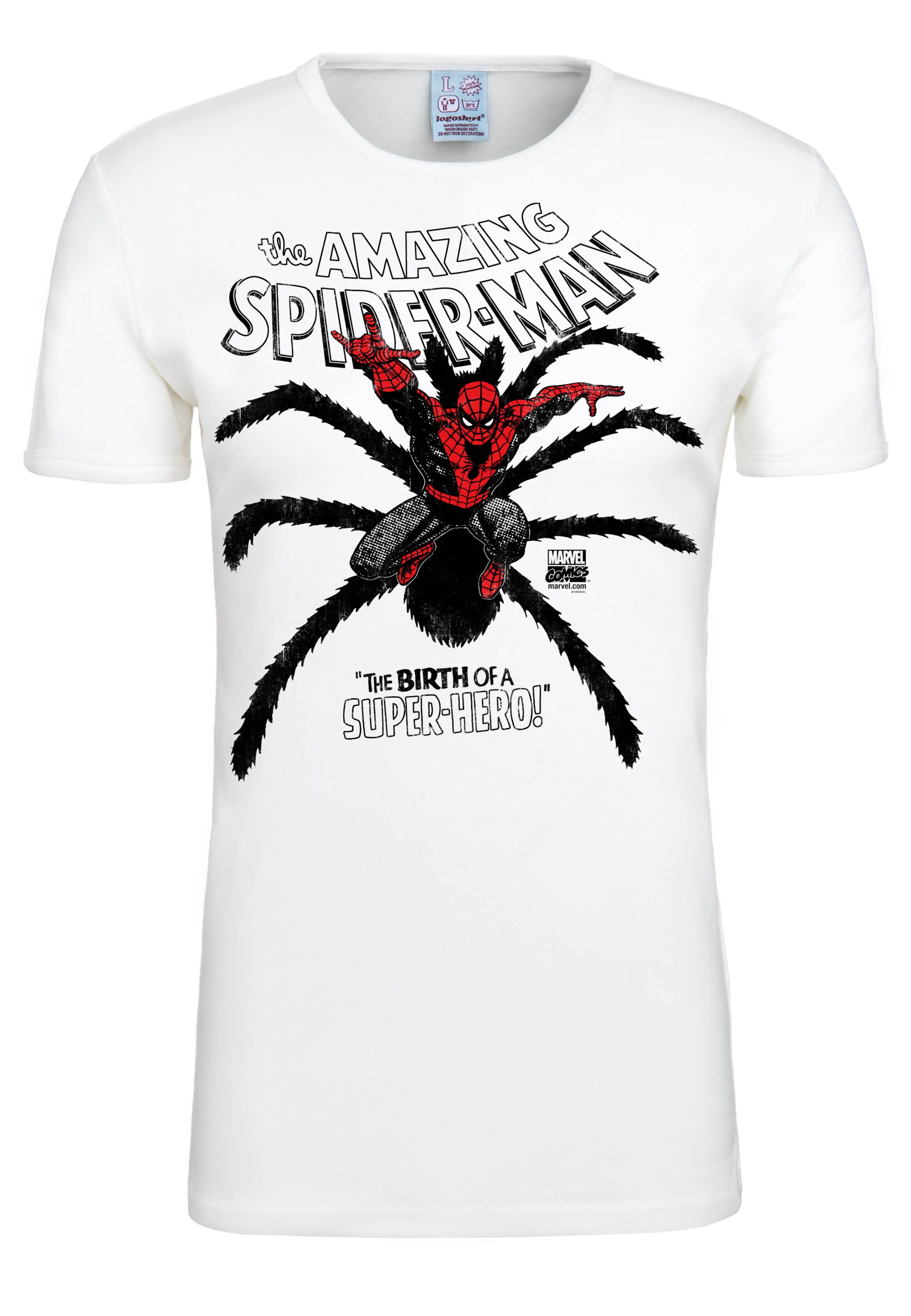 LOGOSHIRT T-Shirt 'Spider-Man Birth' in Weiß: Vorderseite