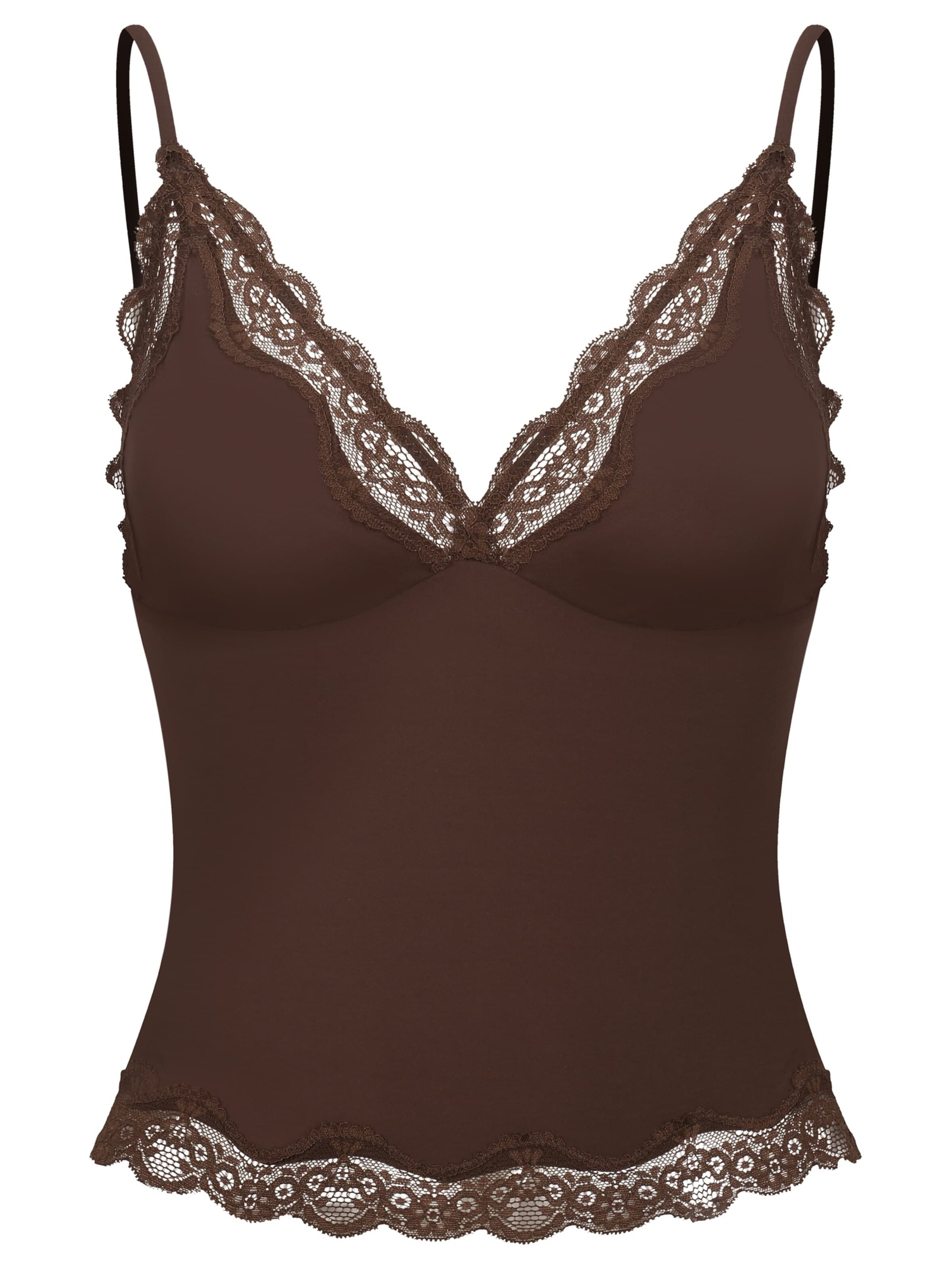 cfab (formerly creamy fabrics) - Top 'Deep Neck Lace Top' en marrón: frente
