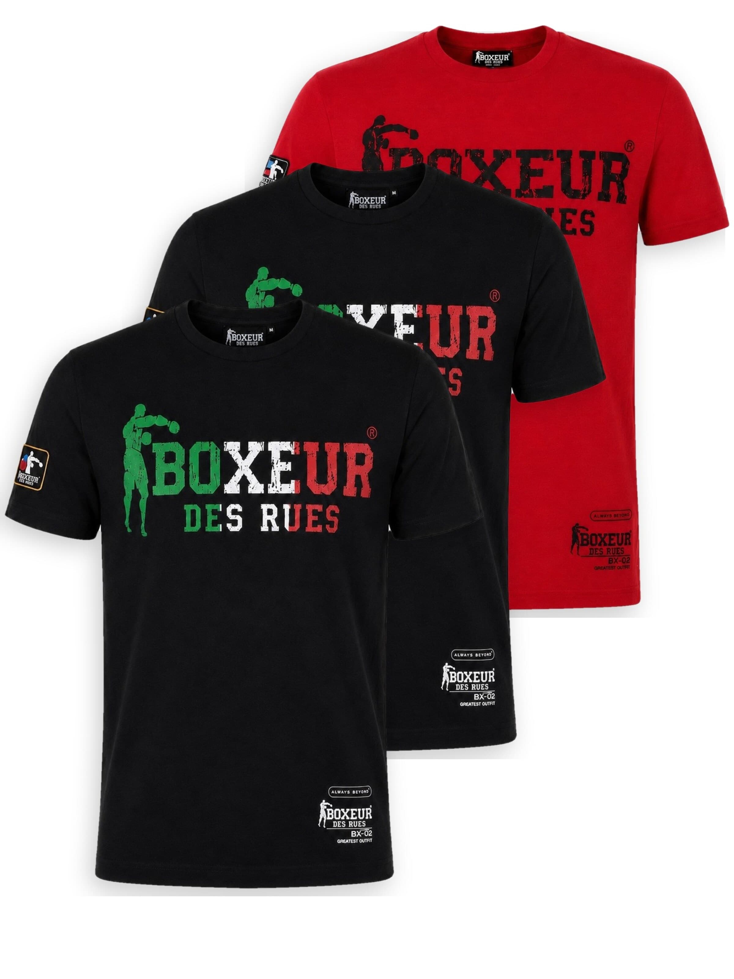 Boxeur des Rues Shirt 'Herren T-Shirt 3er-Pack Boxeur des Rues Slim Fit: 2 x Schwarz, Dreifarbiges Logo + Rot, Schwarzes Logo'‌‌‌ in M/Regular in mischfarben, Produktansicht
