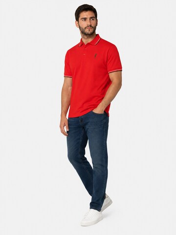 Boxeur des Rues - Camiseta 'Herren Poloshirt Regular Boxeur des Rues aus Piqué-Baumwolle, Rot, Weiß-olivgrüne Streifen' en rojo