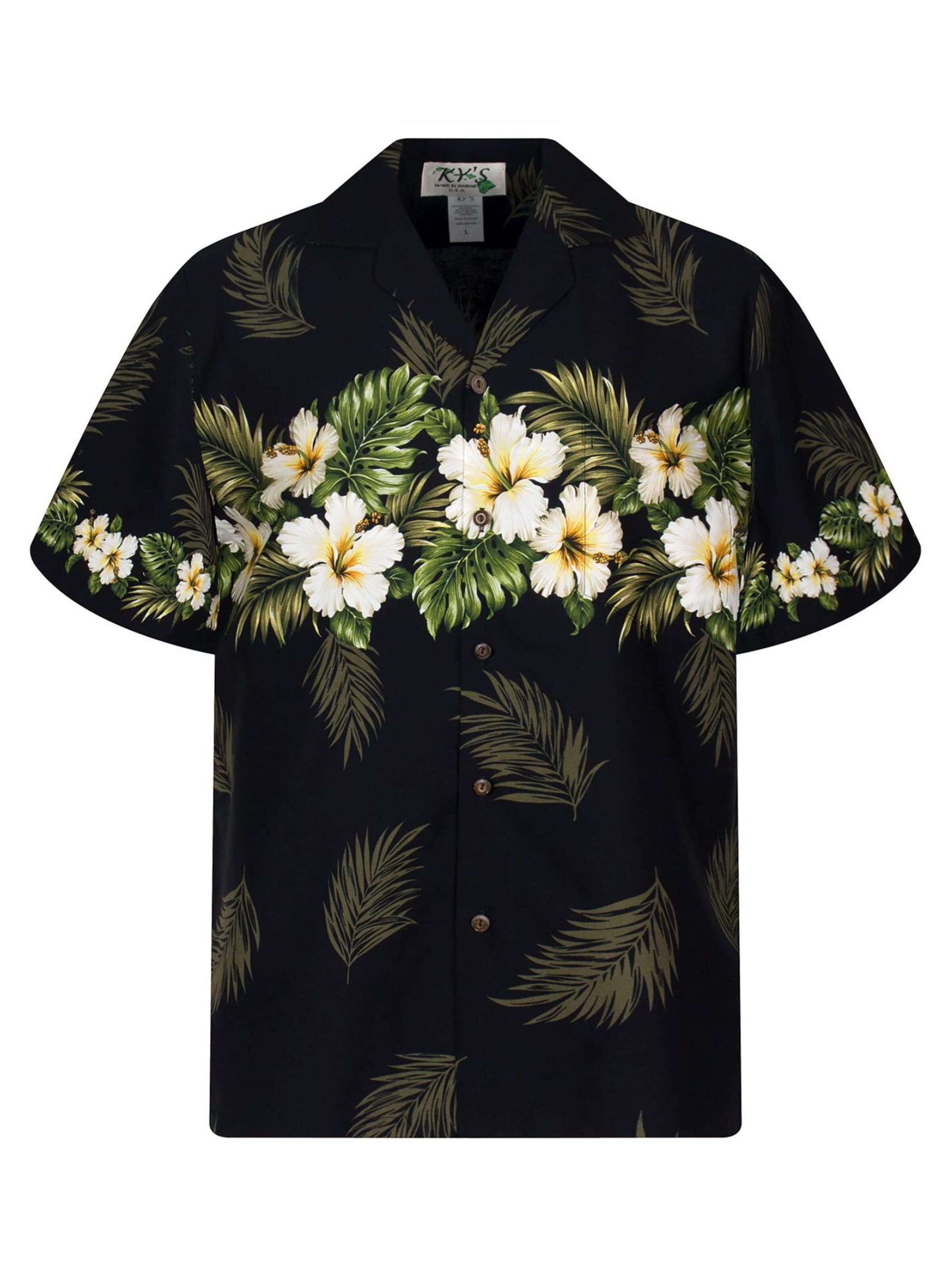 KY's Regular Fit Hemd 'Hibiskus Brustdruck'‌‌‌ in Schwarz: Vorderseite