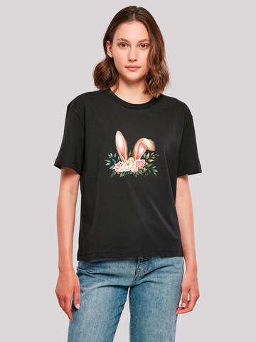 F4NT4STIC T-Shirt 'Blumen Osterhasen Ohren Dekor' in Schwarz: Vorderseite