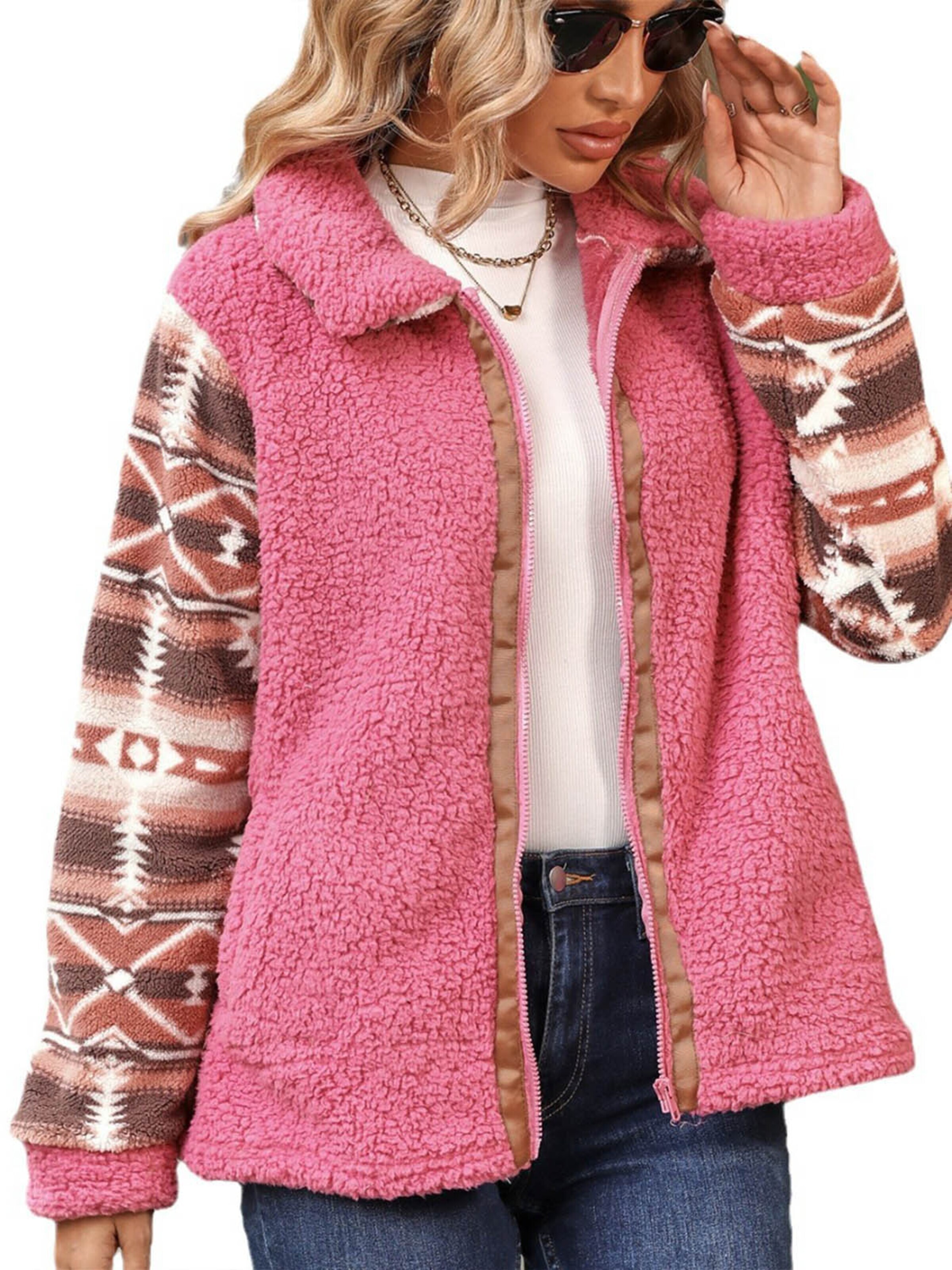 KoJooin Kurtka przejściowa 'Damen Langarm Kuscheljacke mit Reißverschluss Strickjacke mit Stehkragen und weichem Plüsch' w kolorze różowy