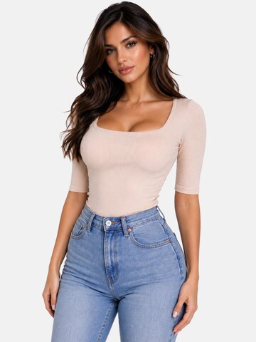 PANTHEROAR Tričko 'Caro Neck Short Sleeve Top' – béžová: přední strana