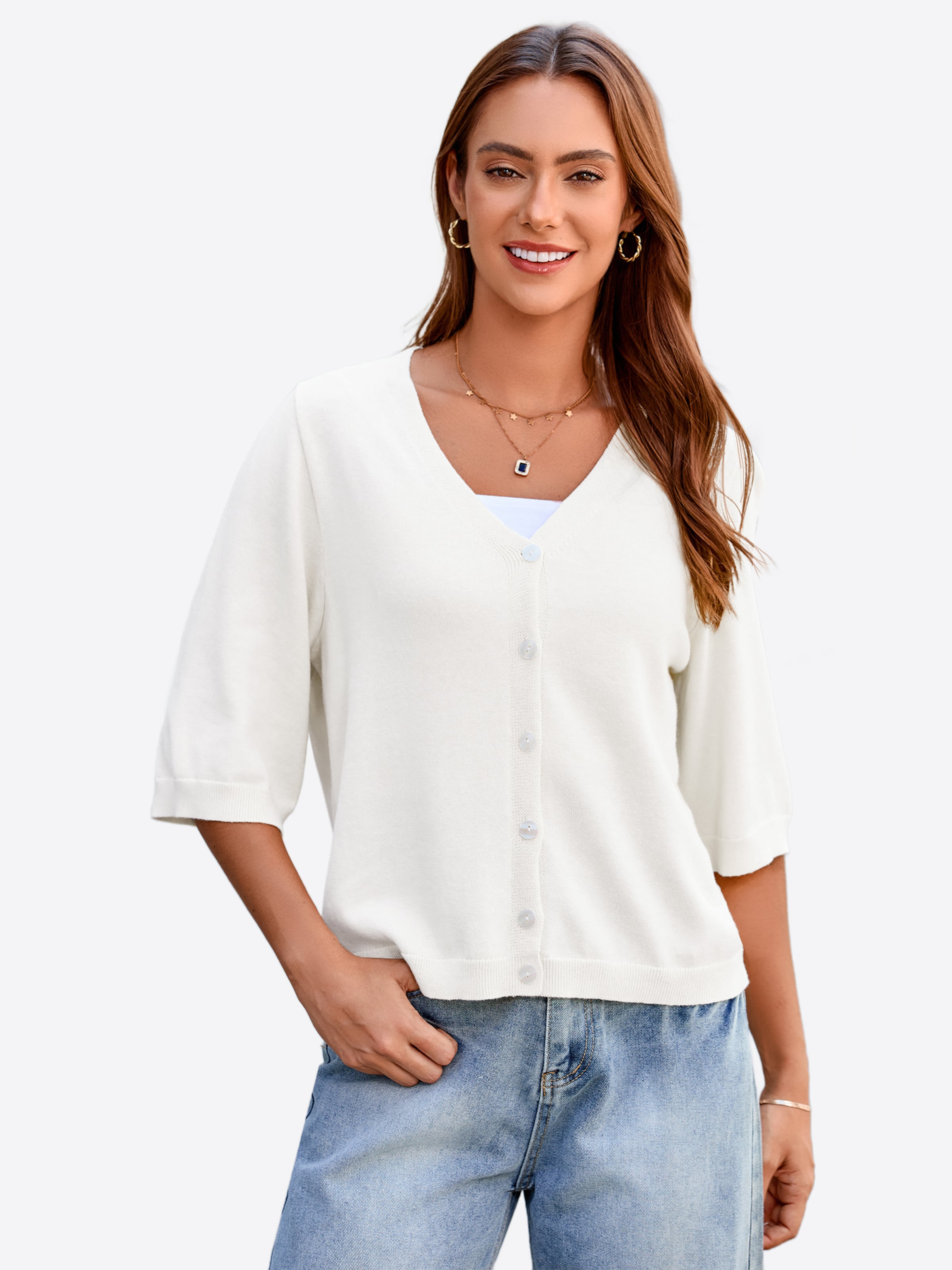 Cardigan Leggero A Maniche Tre Quarti Per Donna – Aperto Davanti, In Cotone E Poliestere, Per Tutte Le Stagioni - copertina