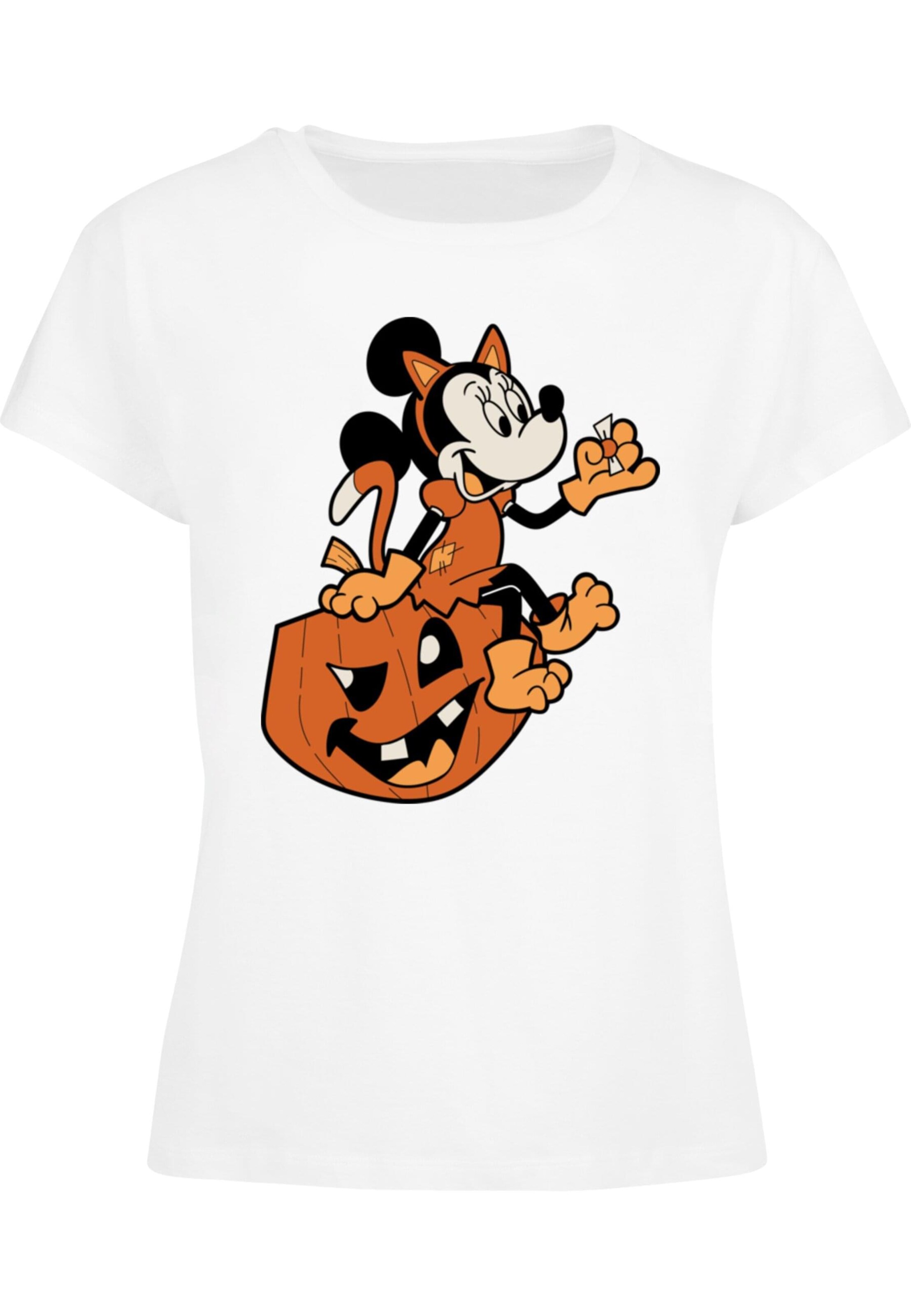 ABSOLUTE CULT Shirt 'Minnie Mouse - Halloween Cat On Pumpkin' in Weiß: Vorderseite