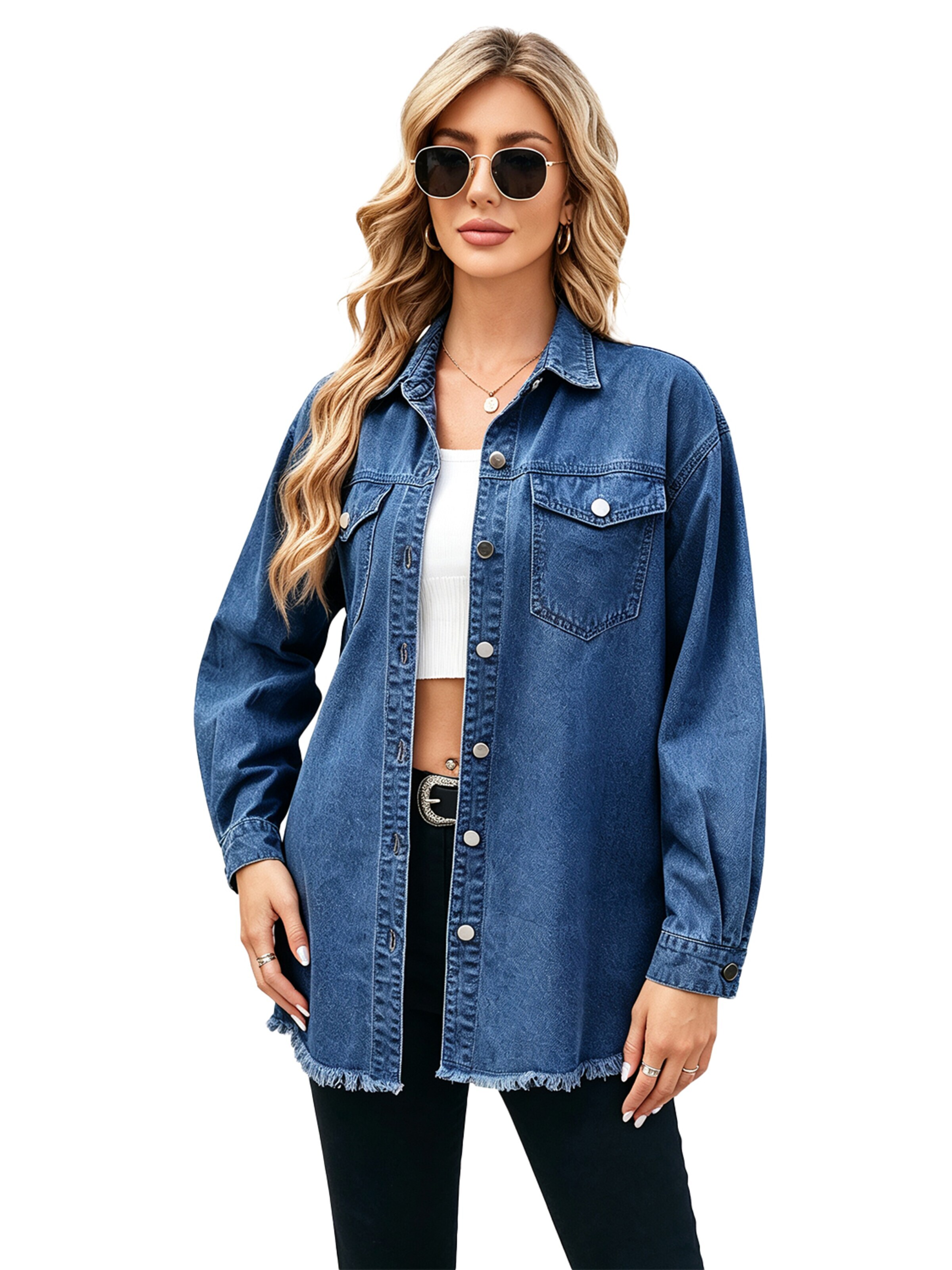 KoJooin Płaszcz letni 'Damen Übergrößen Jeansjacke mit Knopfleiste und Used-Look Trendige Denim Shacket für Herbstoutfits' w kolorze niebieski