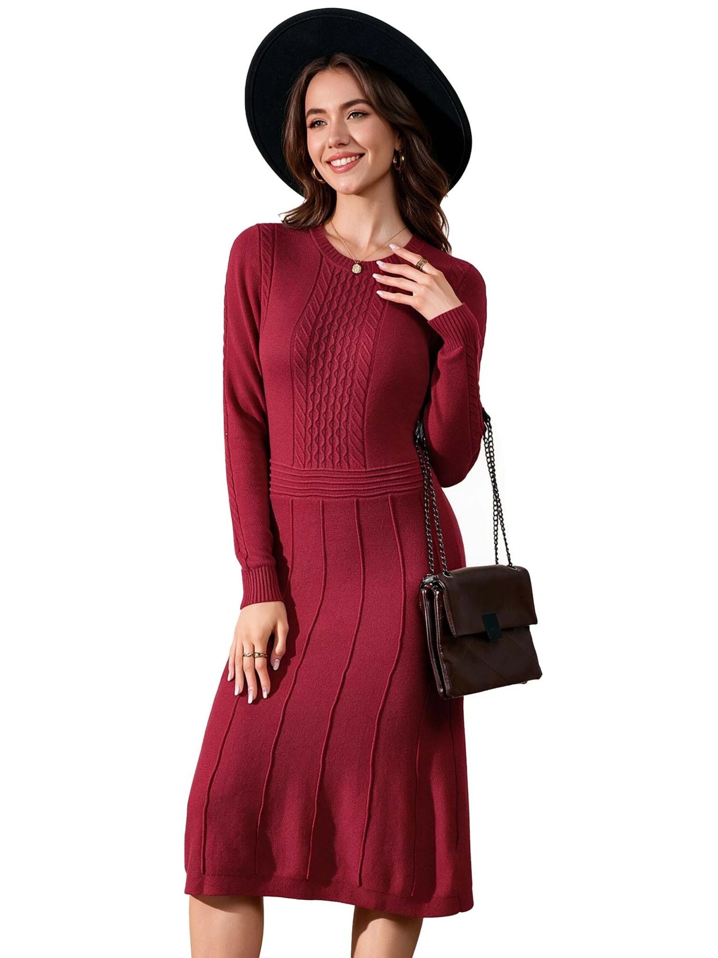 KoJooin Sukienka z dzianiny 'Damen-Rippstrickkleid in Midi-Länge mit Rundhalsausschnitt und langen Ärmeln' w kolorze czerwony