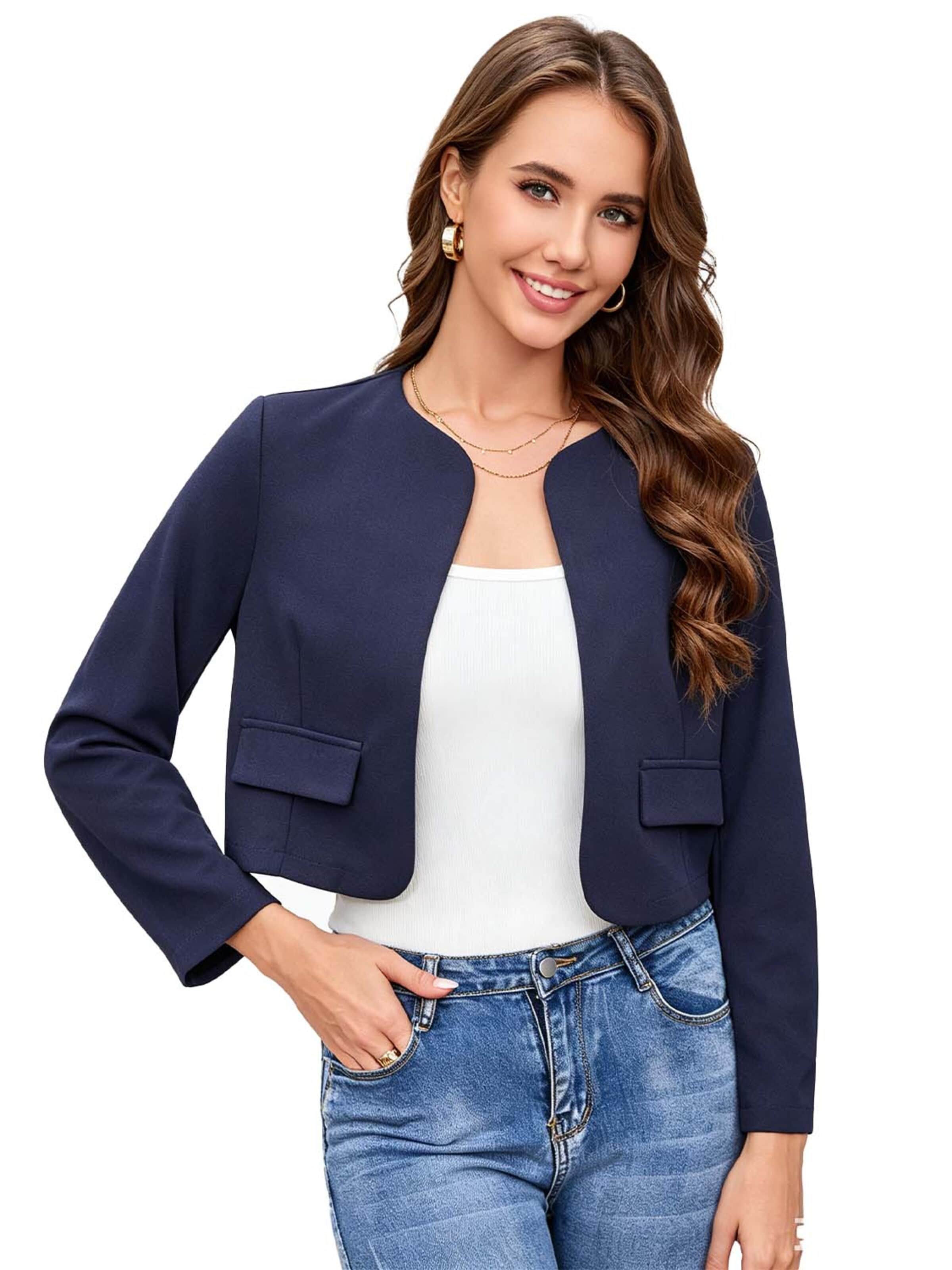 KoJooin Blazer 'Damen Kurzjacke ohne Kragen mit langen Ärmeln und abgerundetem Saum Lässiger, vielseitiger Cardigan'‌‌‌‌ in Blau