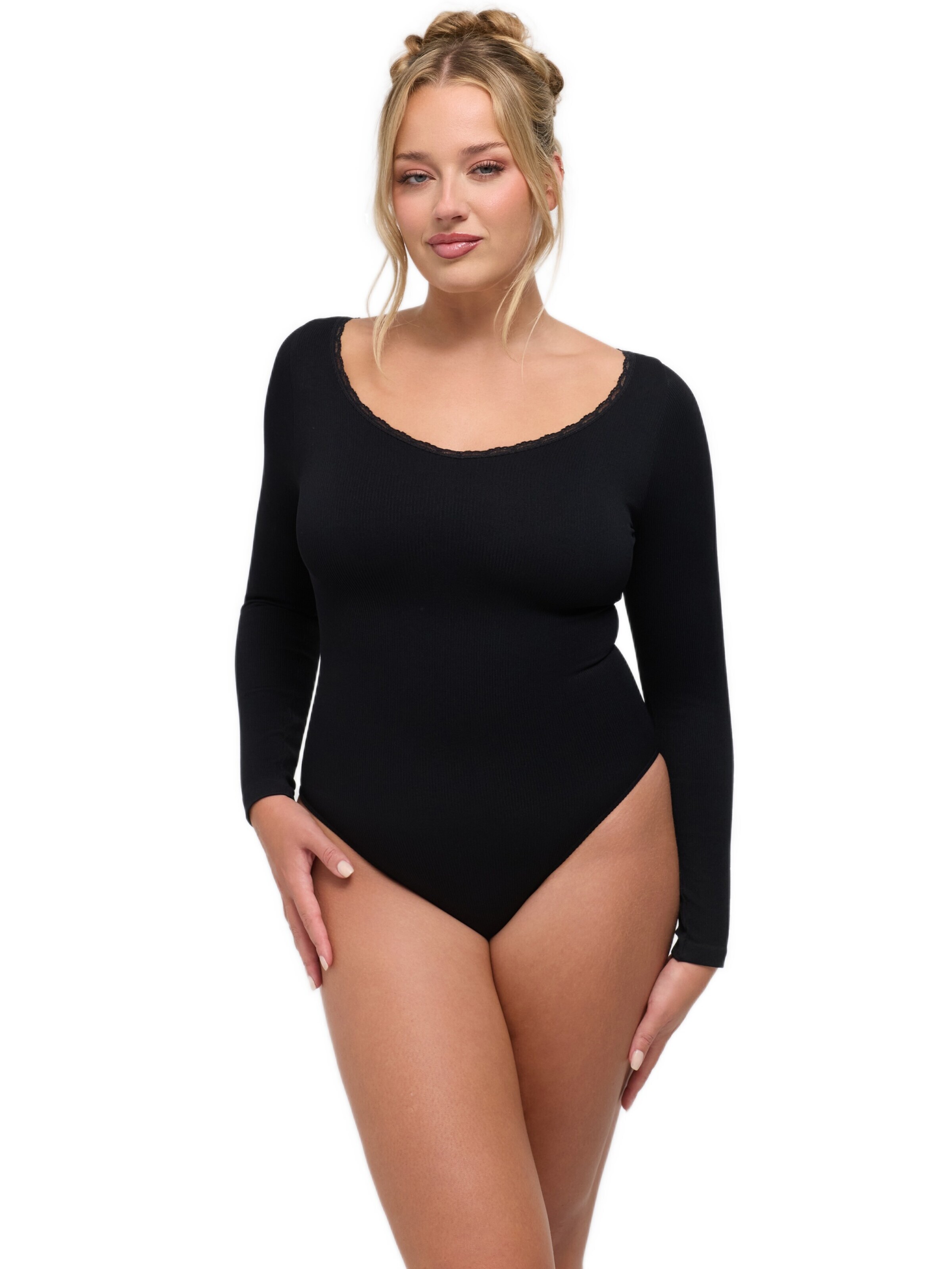cfab Body 'Ribbed Longsleeve V-Neck Sculpting Lace Bodysuit with Slip' värissä musta