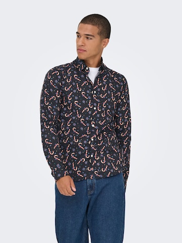 Only & Sons Slim fit Overhemd 'ONSElf Xmas' in Zwart: voorkant