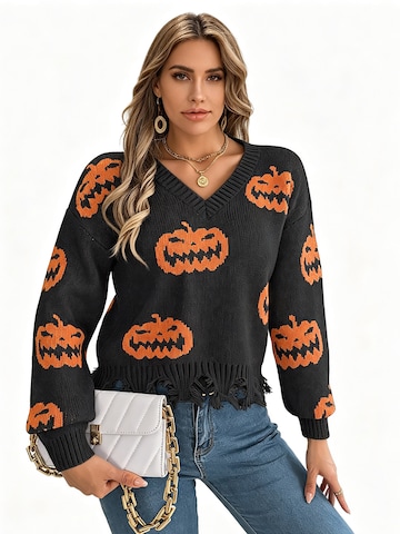 KoJooin Pullover 'Damen V-Ausschnitt Pullover mit Halloween-Kürbis-Motiv Farbkontrast,gestrickter Langarm-Pullover'‌‌‌‌‌‌‌‌‌ in Schwarz