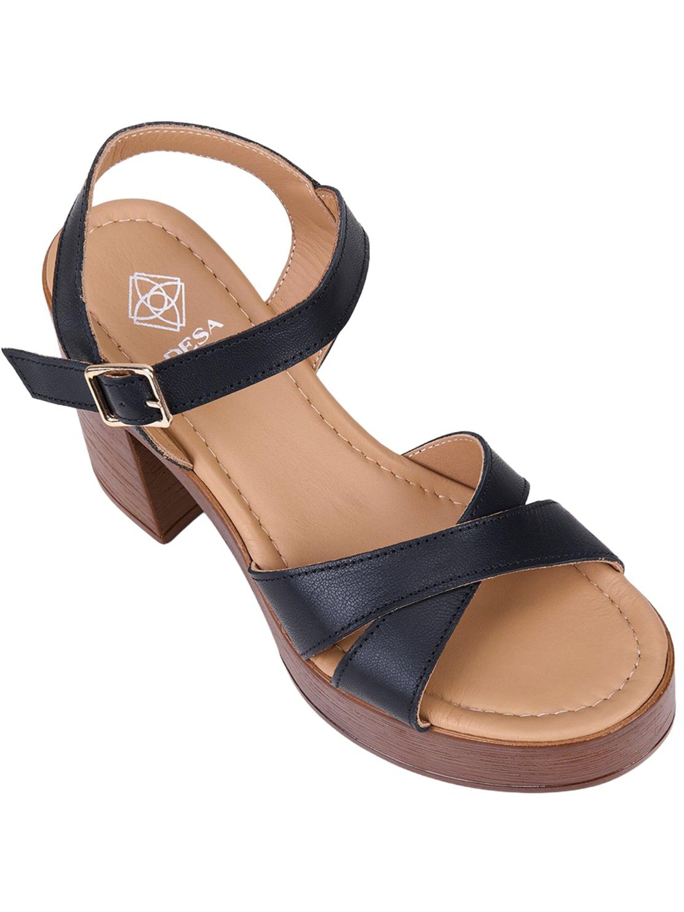 Desa Strap sandal 'DESA Damen-Sandalen aus Leder mit hohem Blockabsatz' in Black: front
