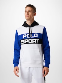 Polo Ralph Lauren hoodie v bílé barvě s modrými rukávy a černou kapucí