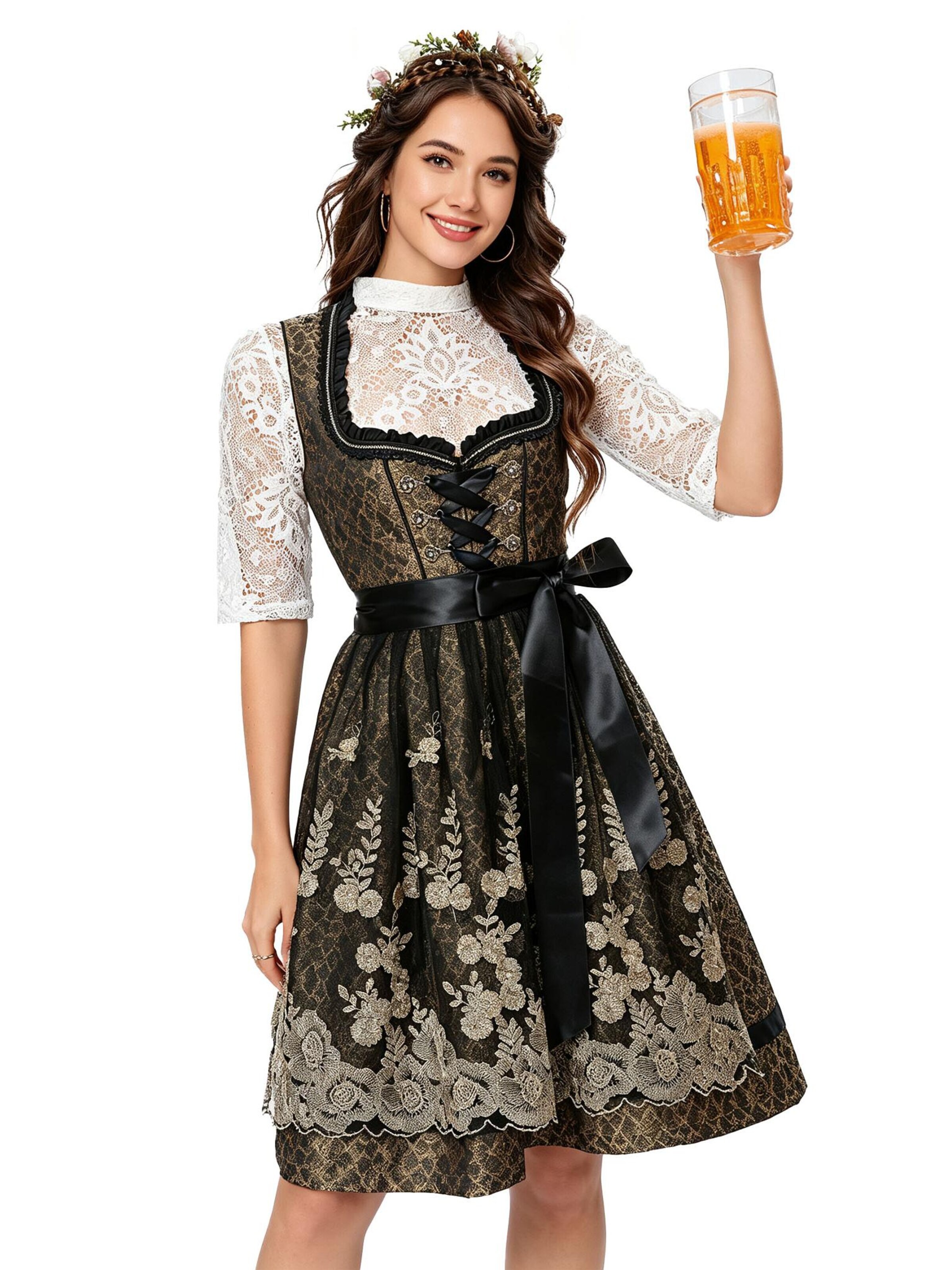 KoJooin Dirndl 'Damen Dreiteiliges Oktoberfest Set Kleid,Spitzenbluse mit Blumenmotiv goldbestickte Tüllschürze'‌ in Schwarz