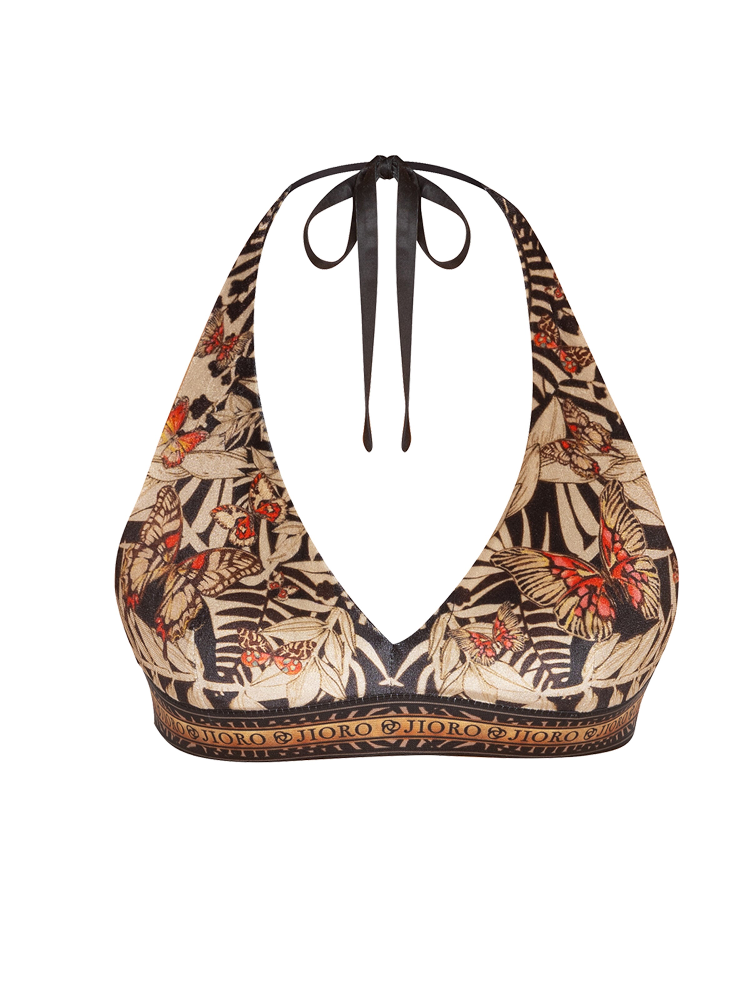 JIORO Bikinitop 'TRIANGLE VELVET TOP - MIDNIGHT BUTTERFLIES' in de kleur Zwart, Productweergave