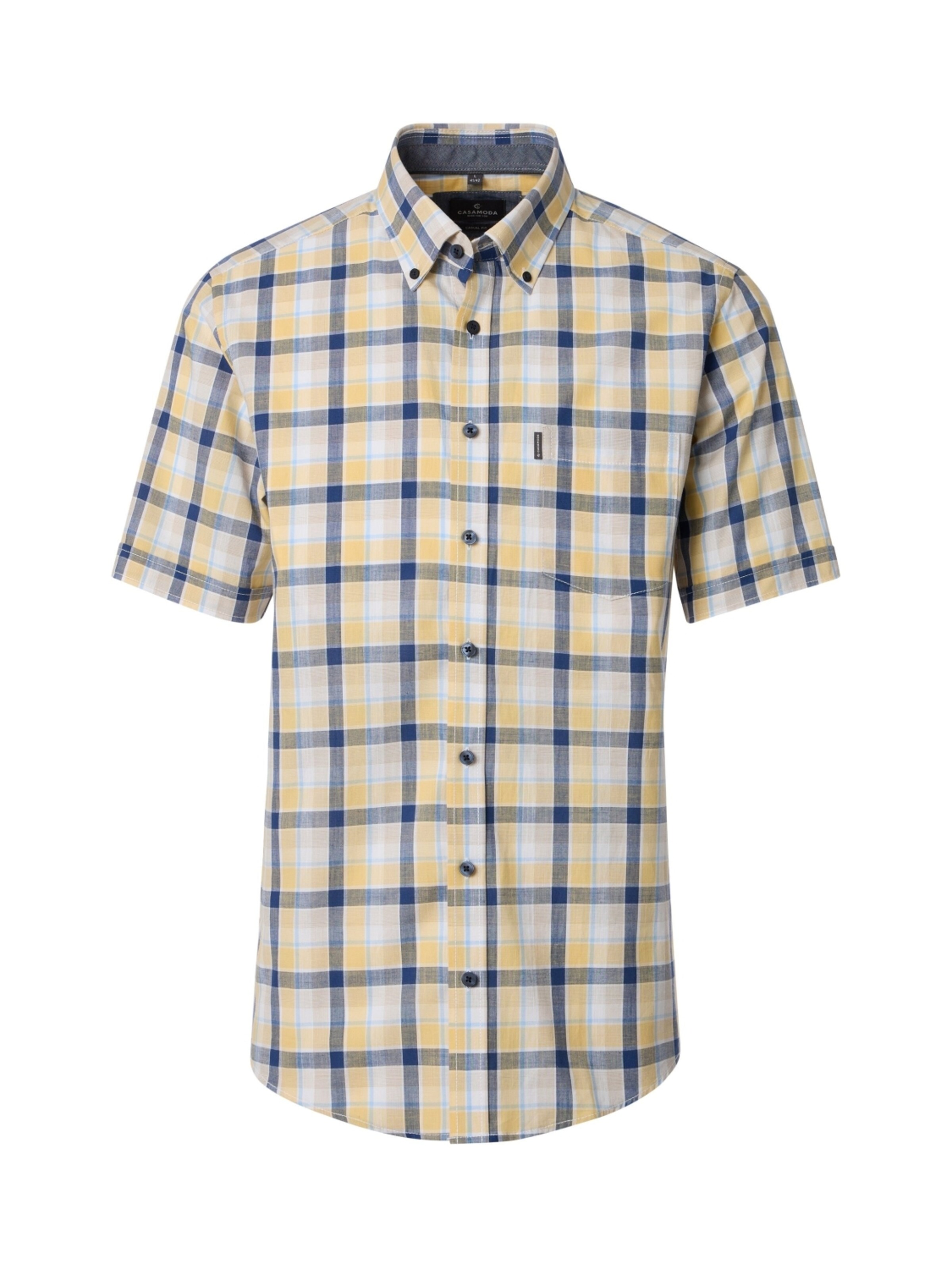 CASAMODA Regular fit Button Up Shirt 'Herren Kurzarmhemd Kariert Gelb Blau – 100% Baumwolle – Casual Fit – Sommerhemd mit Button-Down-Kragen – Freizei' in Yellow: front