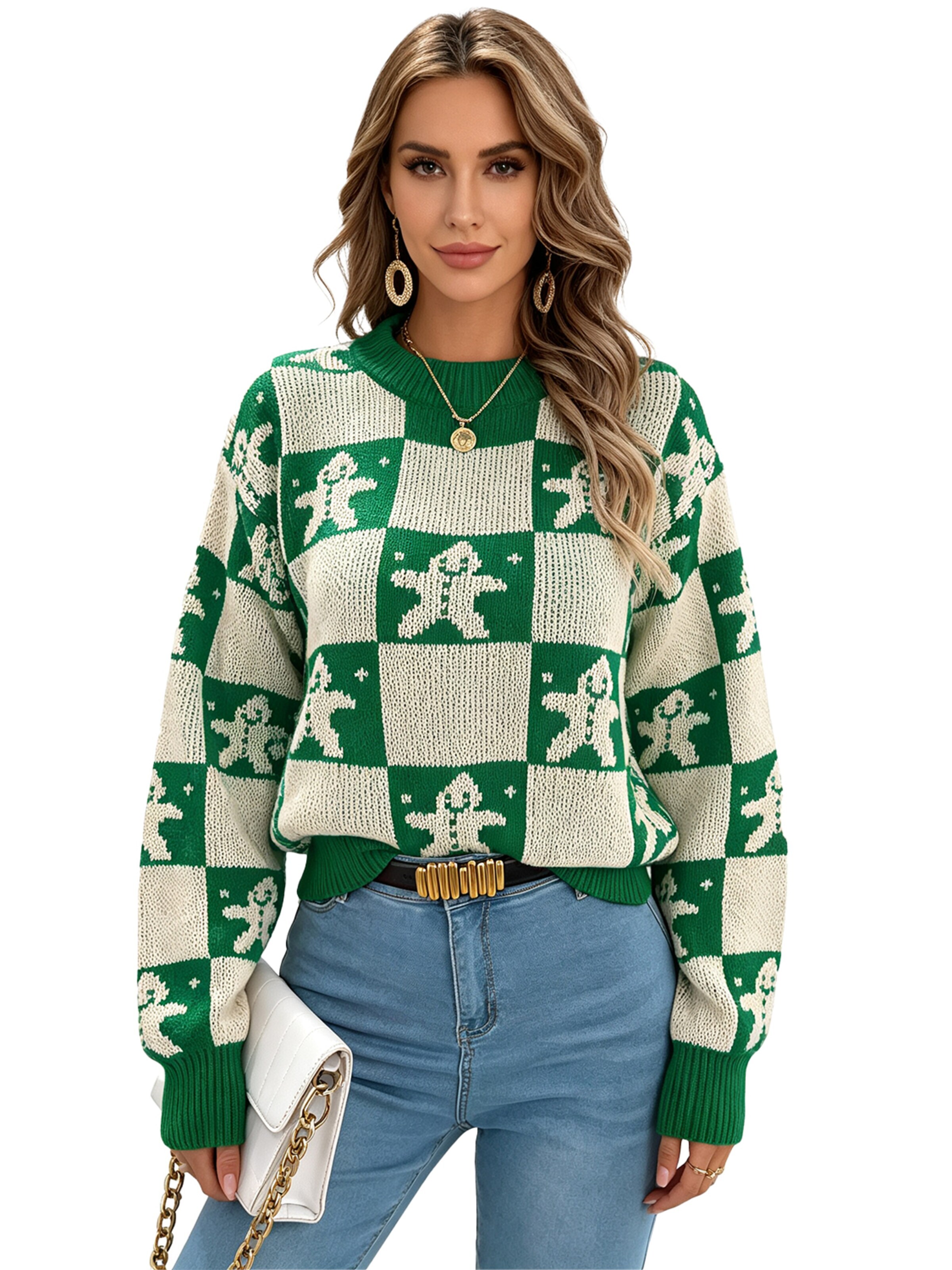 KoJooin Sweater 'Damen Weihnachtspullover mit Rentier- und Karomuster – Gemütlicher Langarm-Pullover mit Puffärmeln' in Green: front